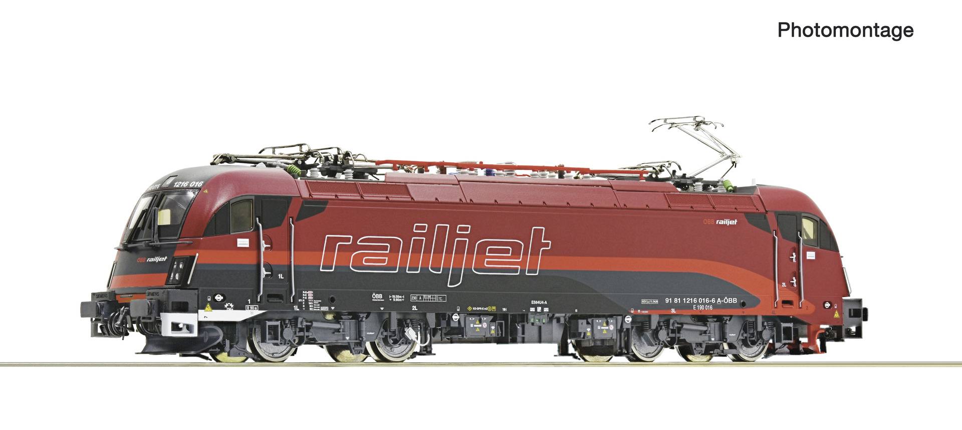 Seitenansicht einer rot-schwarzen Railjet-Elektrolokomotive auf weißem Hintergrund, bezeichnet als 'Fotomontage'.
