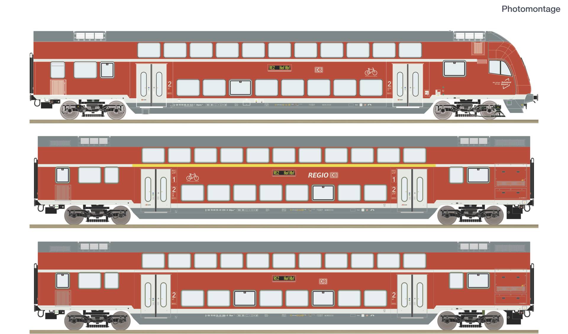 Drei Seitenansicht-Renderings eines roten Fahrgastzugs mit weißen Fenstern und grauem Zierrat, gekennzeichnet mit 'Regio2N', dargestellt in verschiedenen Konfigurationen.
