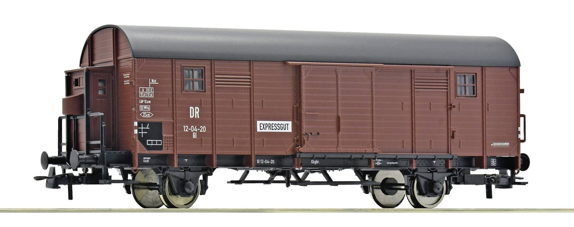 Braun abgedeckter Güterwagen mit gewölbtem Dach, Seitentüren und sichtbaren „EXPRESS