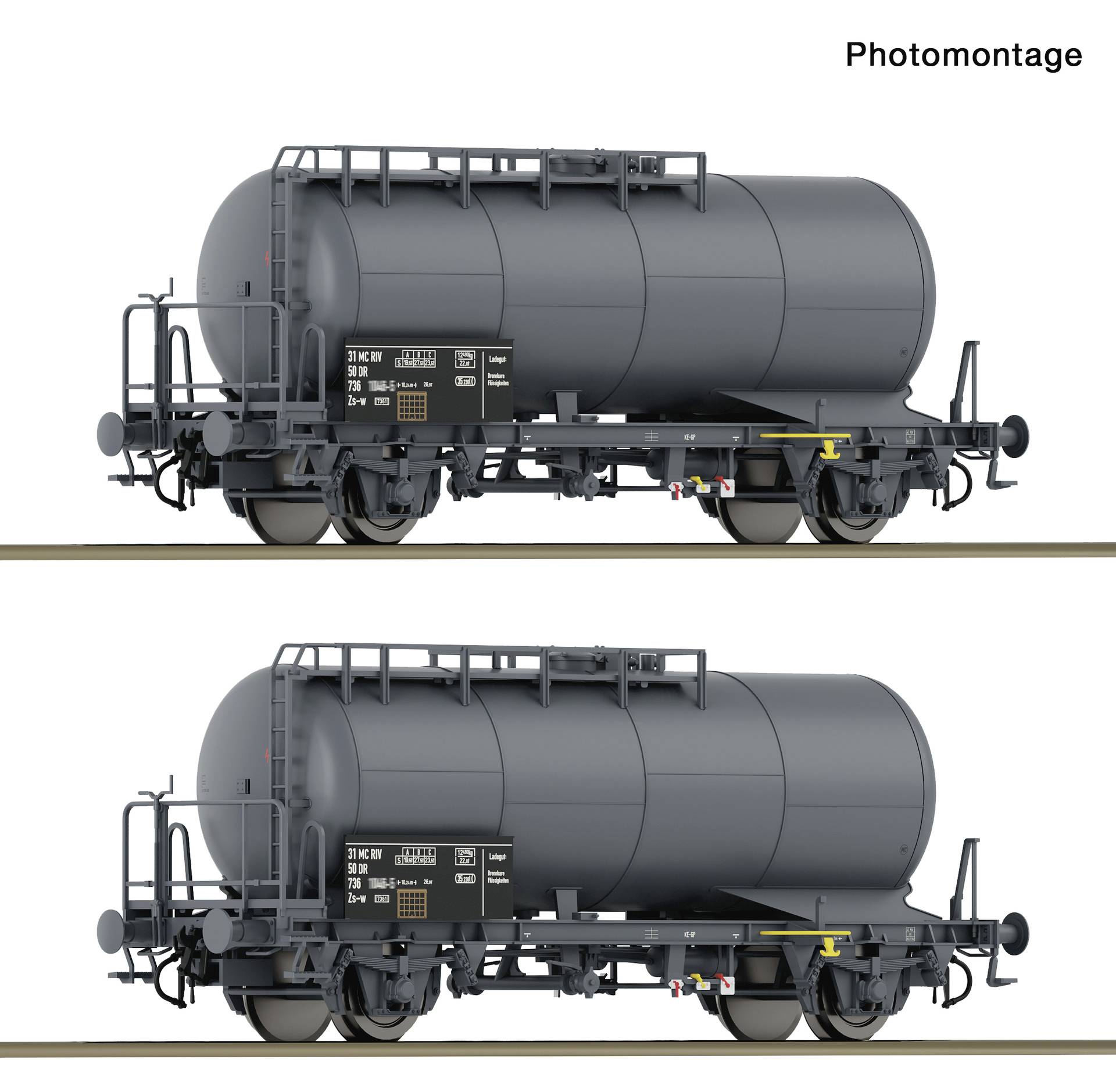 Zwei Seitenansichten grauer Tankwagen mit der Beschriftung „Fotomontage
