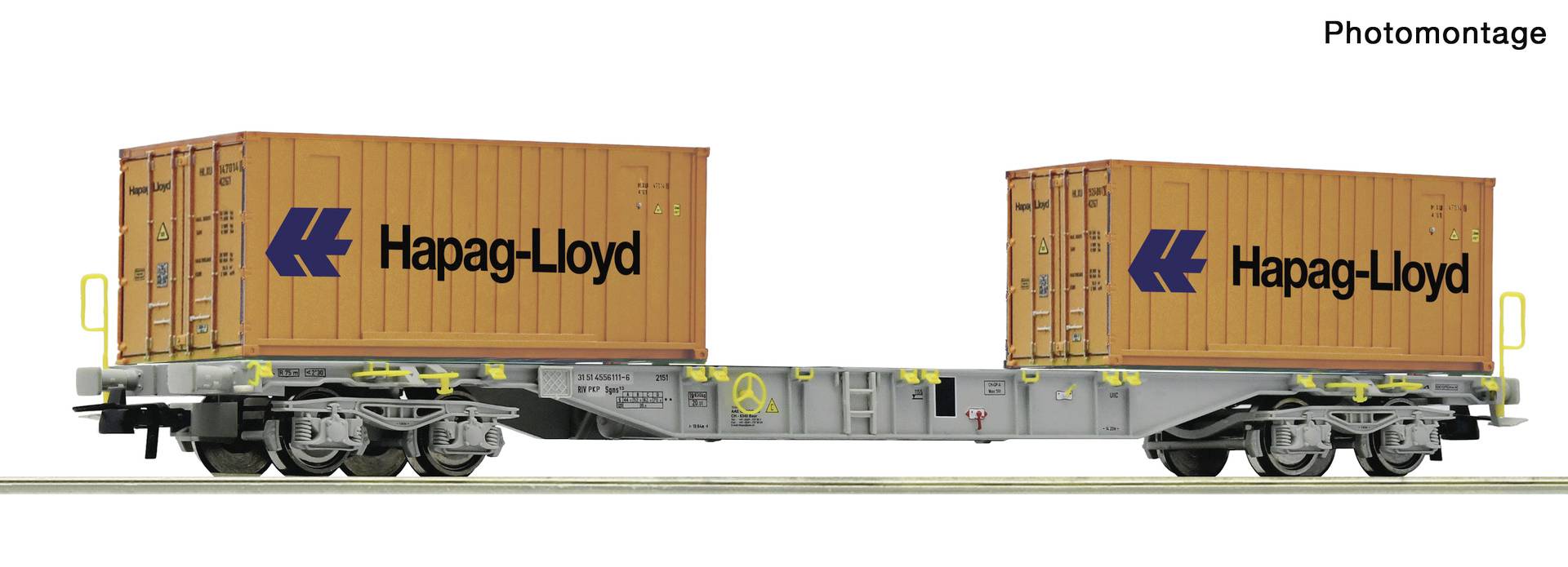 Fotomontage eines Flachbett-Güterwagens mit zwei orangefarbenen Hapag-Lloyd-Versandcontainern.