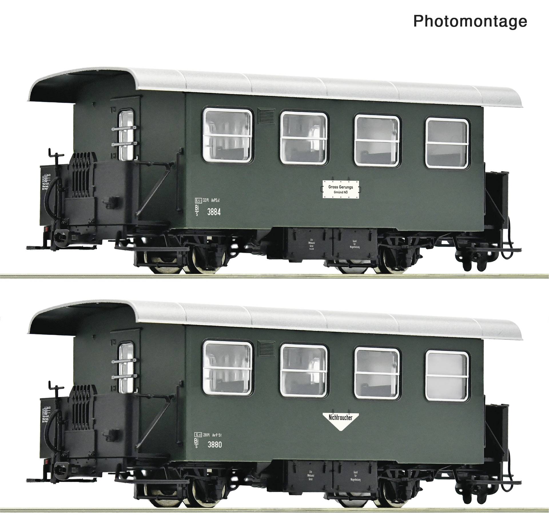 Fotomontage mit zwei Seitenansichten eines dunkelgrünen Eisenbahnwagens mit weißem Dach, jeweils gekennzeichnet mit unterschiedlichen Eisenbahnmarkierungen.