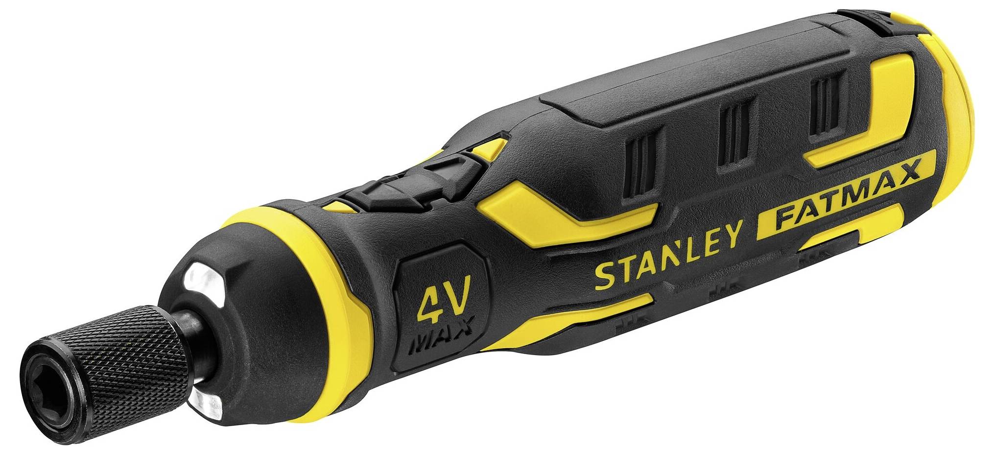 Schwarzes und gelbes STANLEY FATMAX 4V kabelloses Rotationswerkzeug mit strukturierter Bithalterung vor weißem Hintergrund