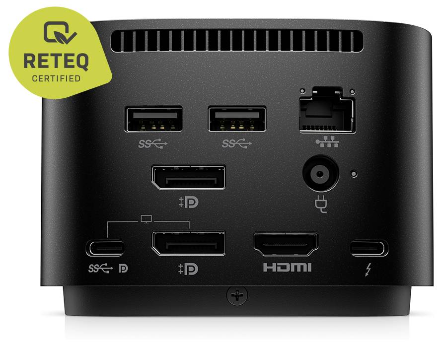 Rückansicht einer kompakten Dockingstation mit mehreren Anschlüssen: USB-A, Ethernet, Audio-Buchse, DisplayPort, HDMI und USB-C, mit einem Reteq Certified-Etikett.