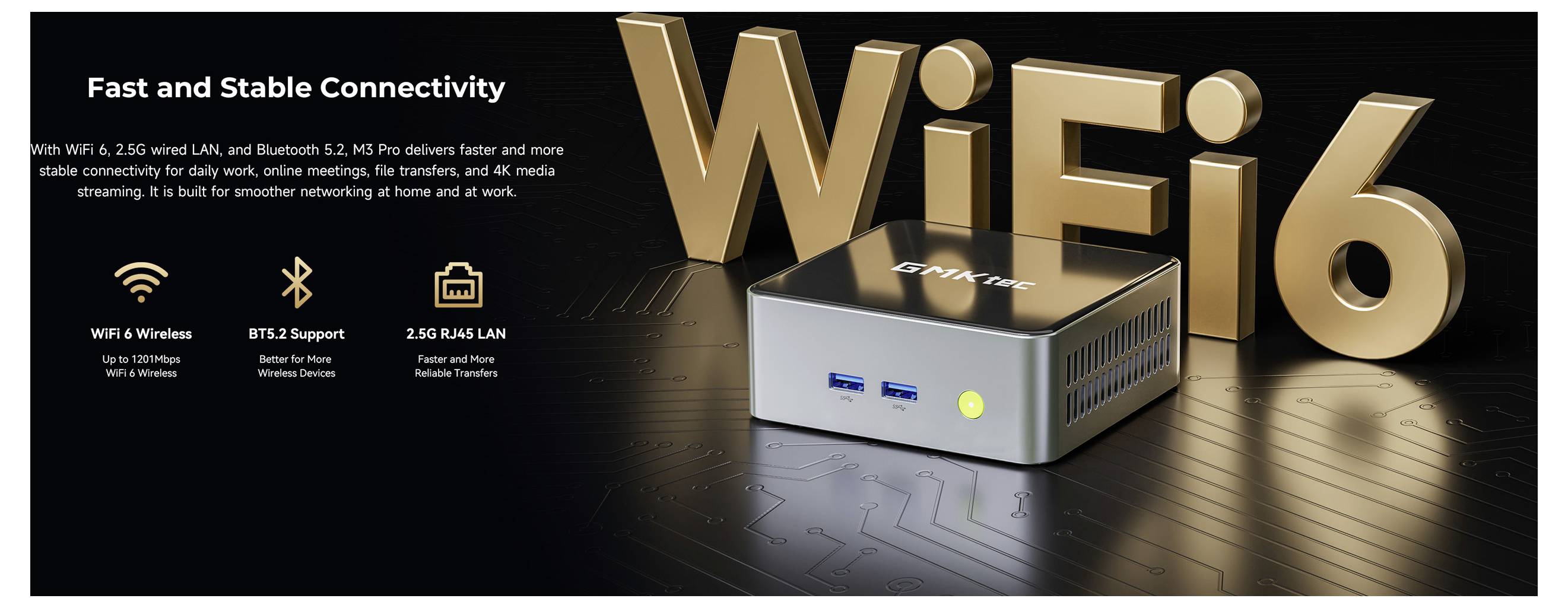 Werbebild eines Mini-PCs mit der Bezeichnung WiFi 6, mit der Überschrift „Schnelle und stabile Konnektivität