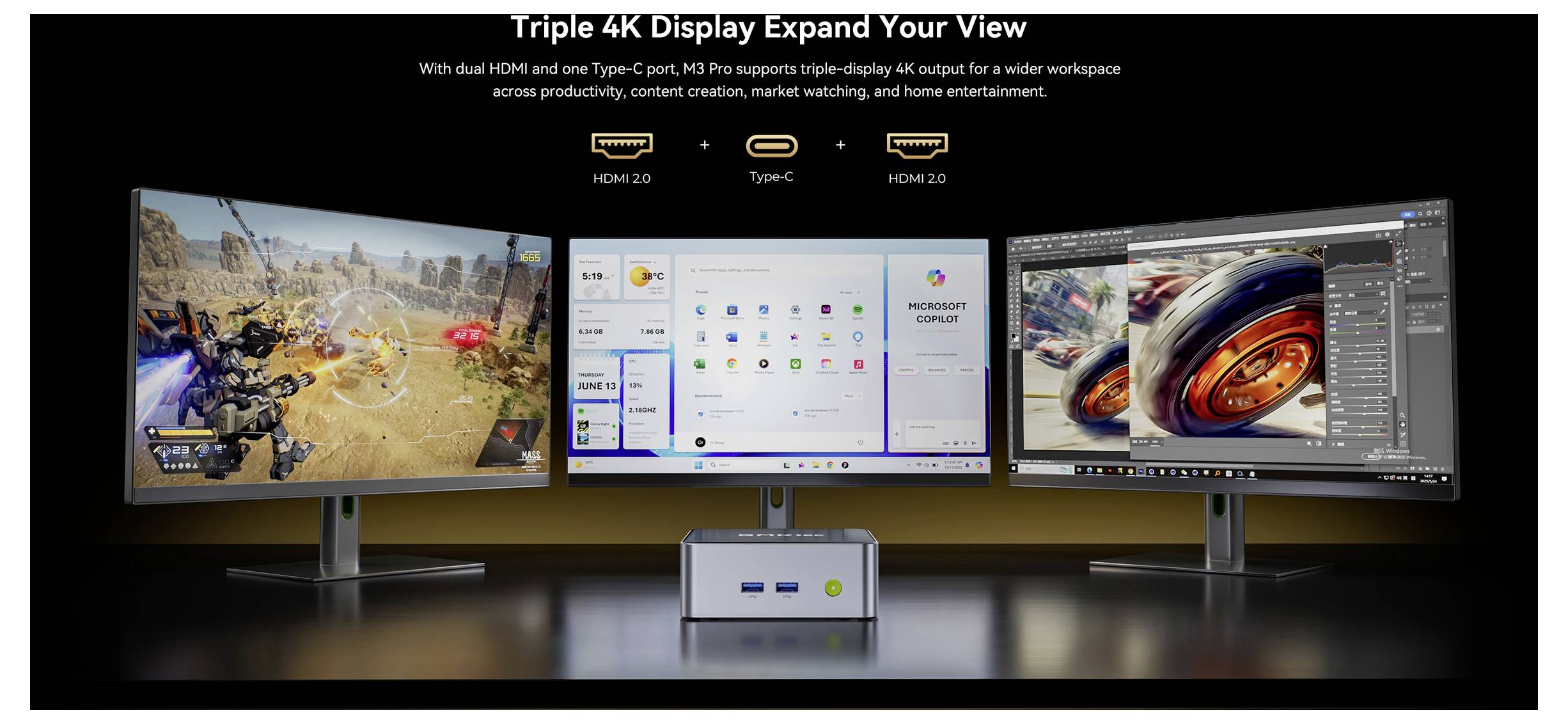 Triple 4K Display Setup mit einem breiten gekrümmten Monitor mit HDMI 2.0 und Type-C Konnektivität für Produktivität und Unterhaltung.