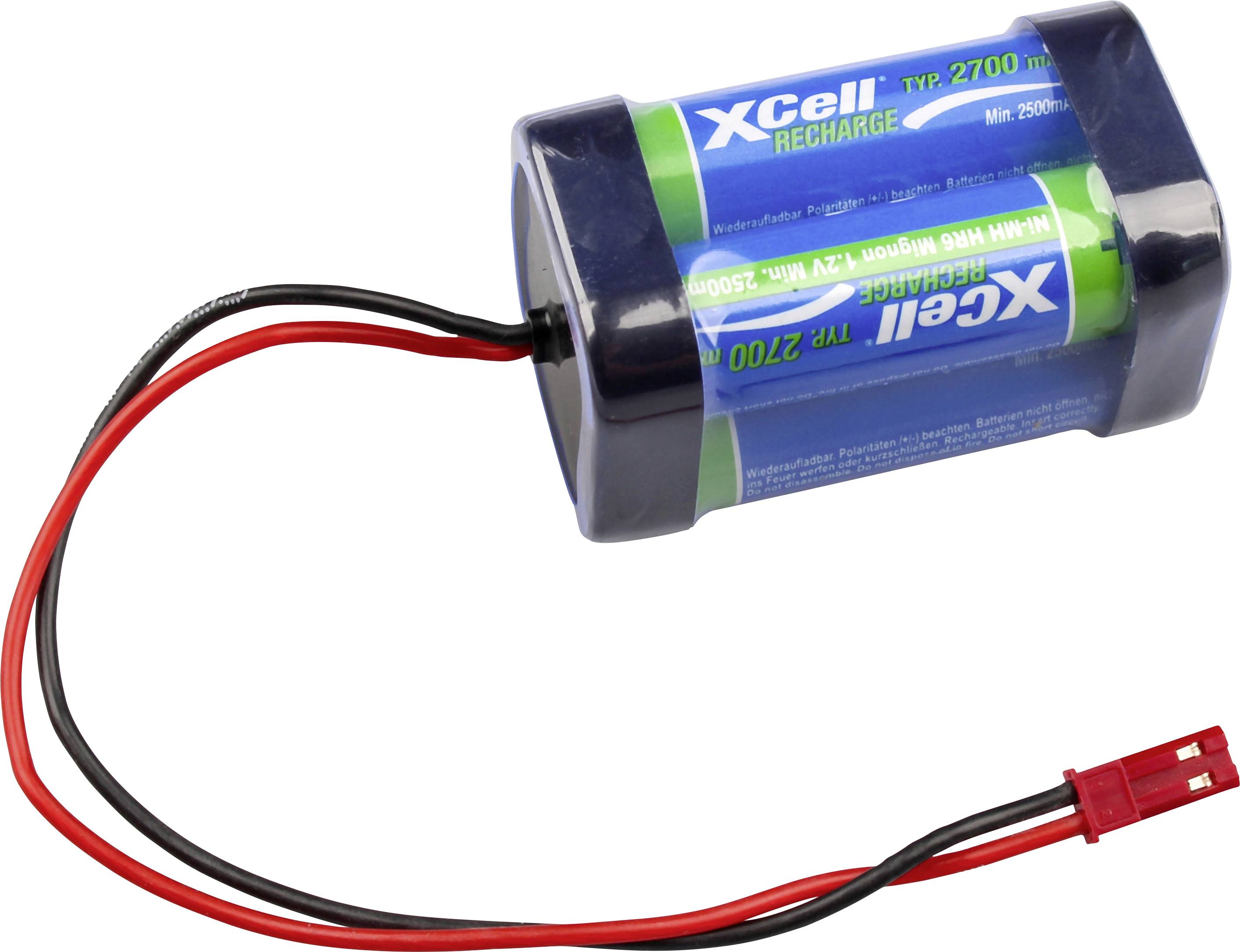 Ein blauer wiederaufladbarer Akku mit roten und schwarzen Drähten, die in einem roten Stecker enden.