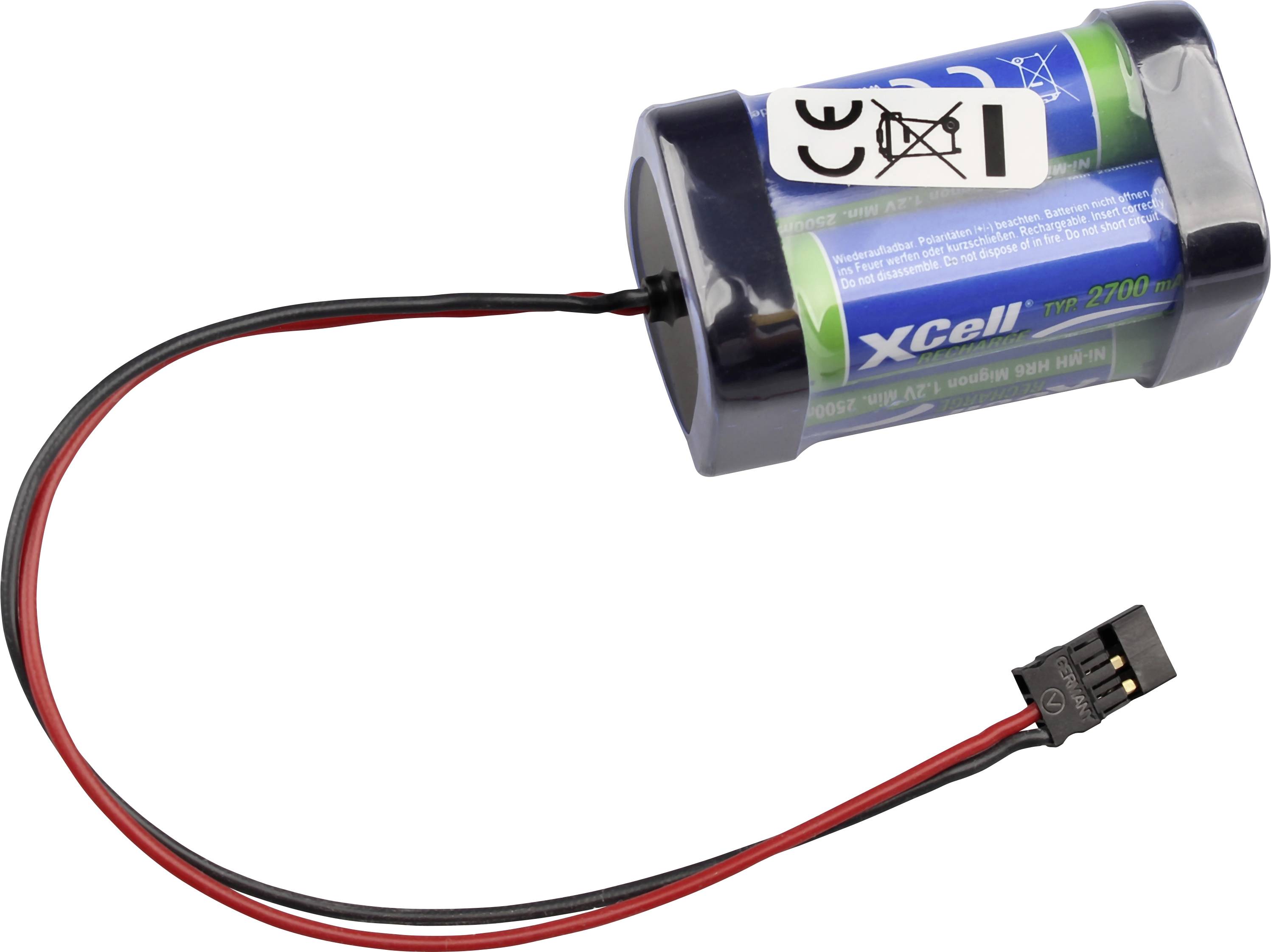 Kleines blaues zylindrisches Batteriepack mit roten und schwarzen Kabeln, die in einem Stecker auf weißem Hintergrund enden.
