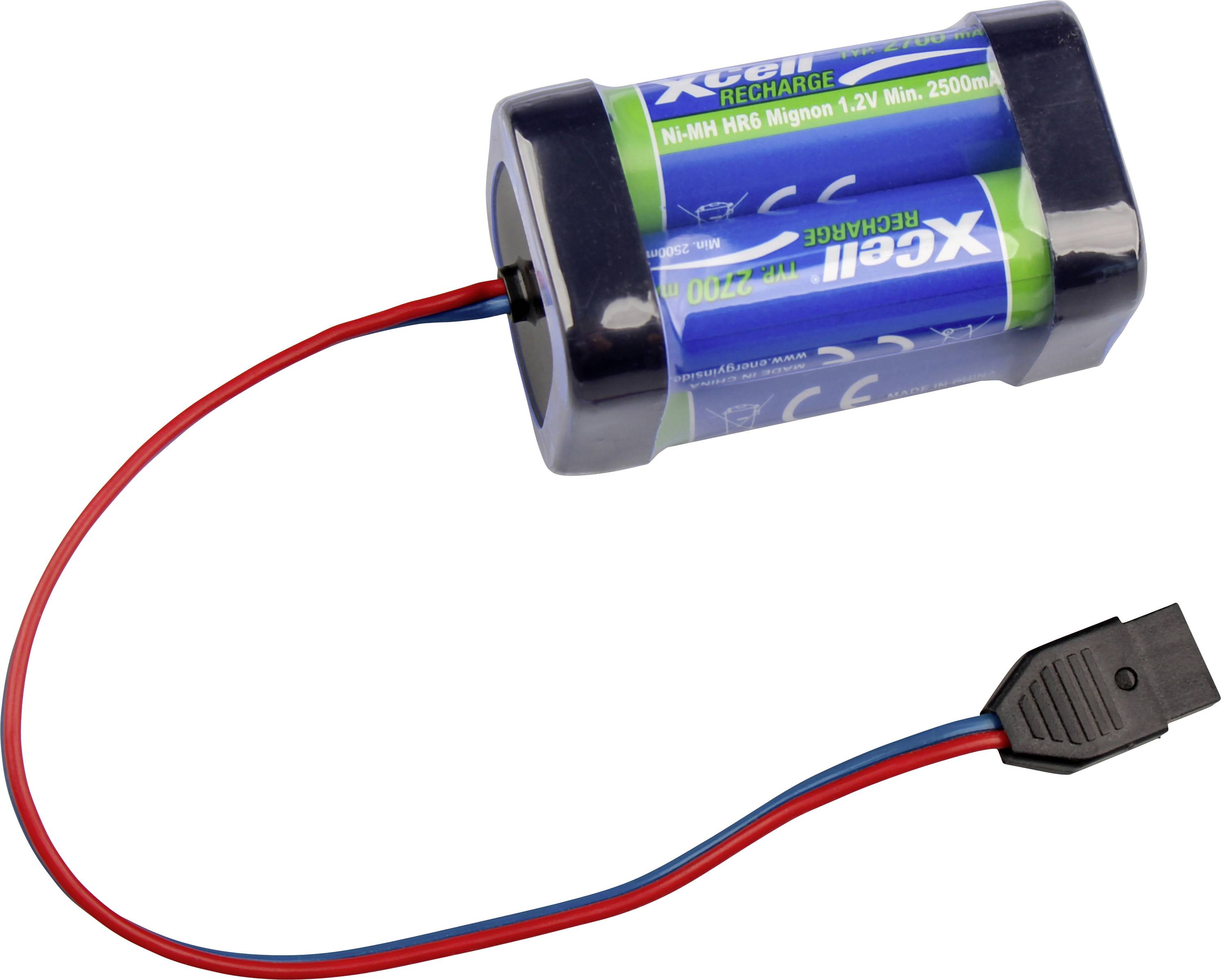 Zwei wiederaufladbare AA-Batterien in einem schwarzen Halter mit roten und blauen Drähten, die in einem Zweipol-Stecker enden.