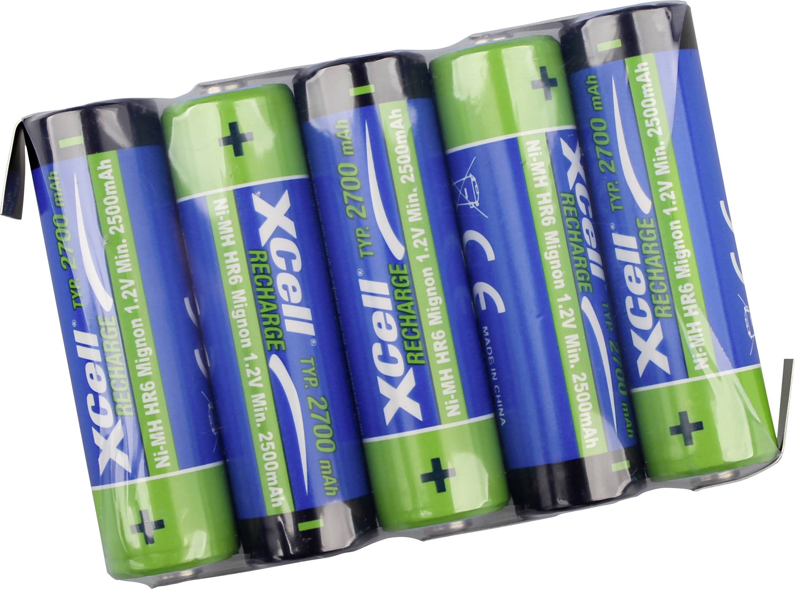 Sechs Xcell wiederaufladbare AA-Batterien in einem Kunststoffhalter, gekennzeichnet mit 1,2V Ni-MH 2500mAh.