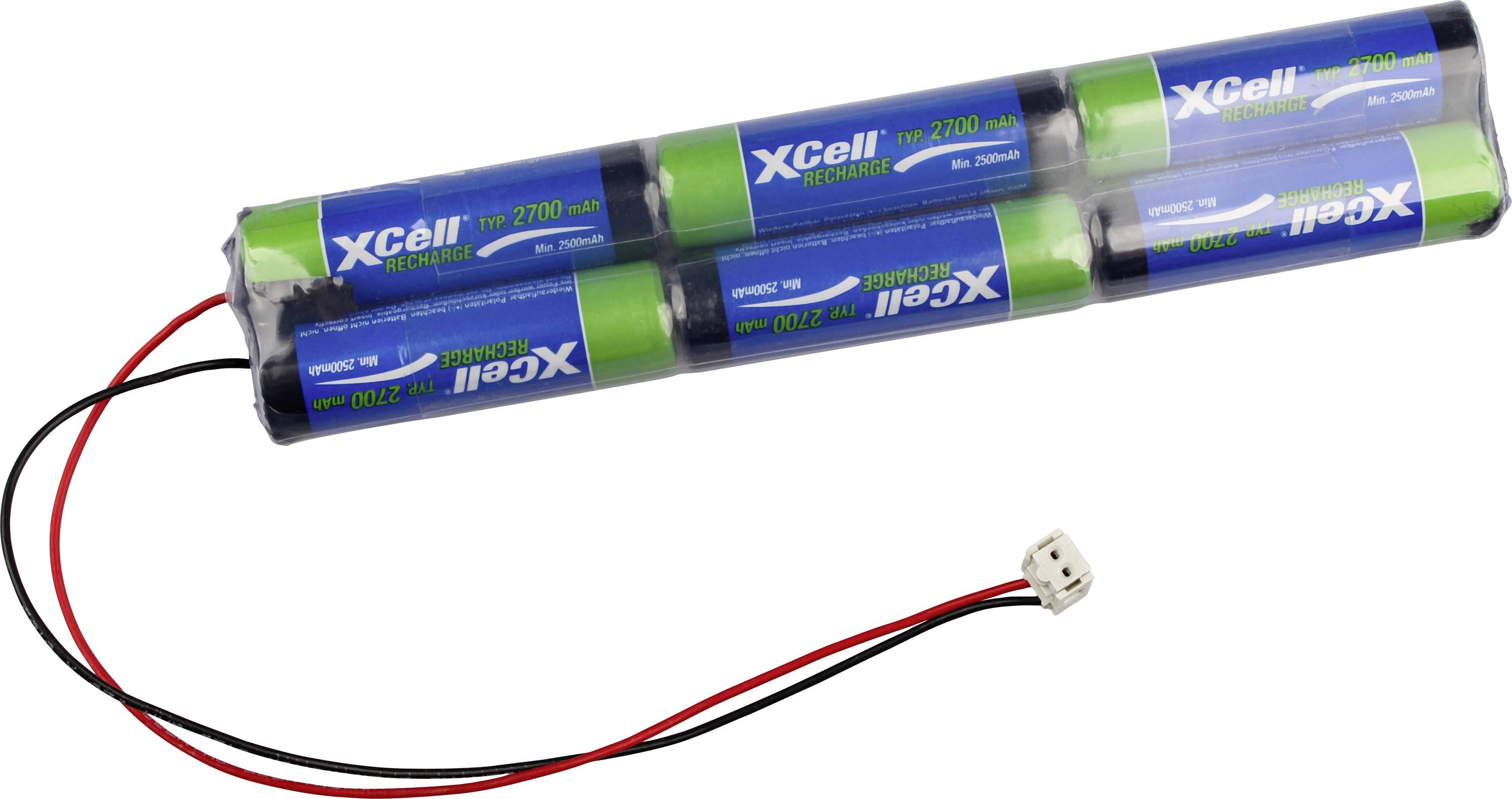 Wiederaufladbare Batterie mit sechs Zellen von Xcell mit roten und schwarzen Anschlussleitungen und einem kleinen weißen Stecker.