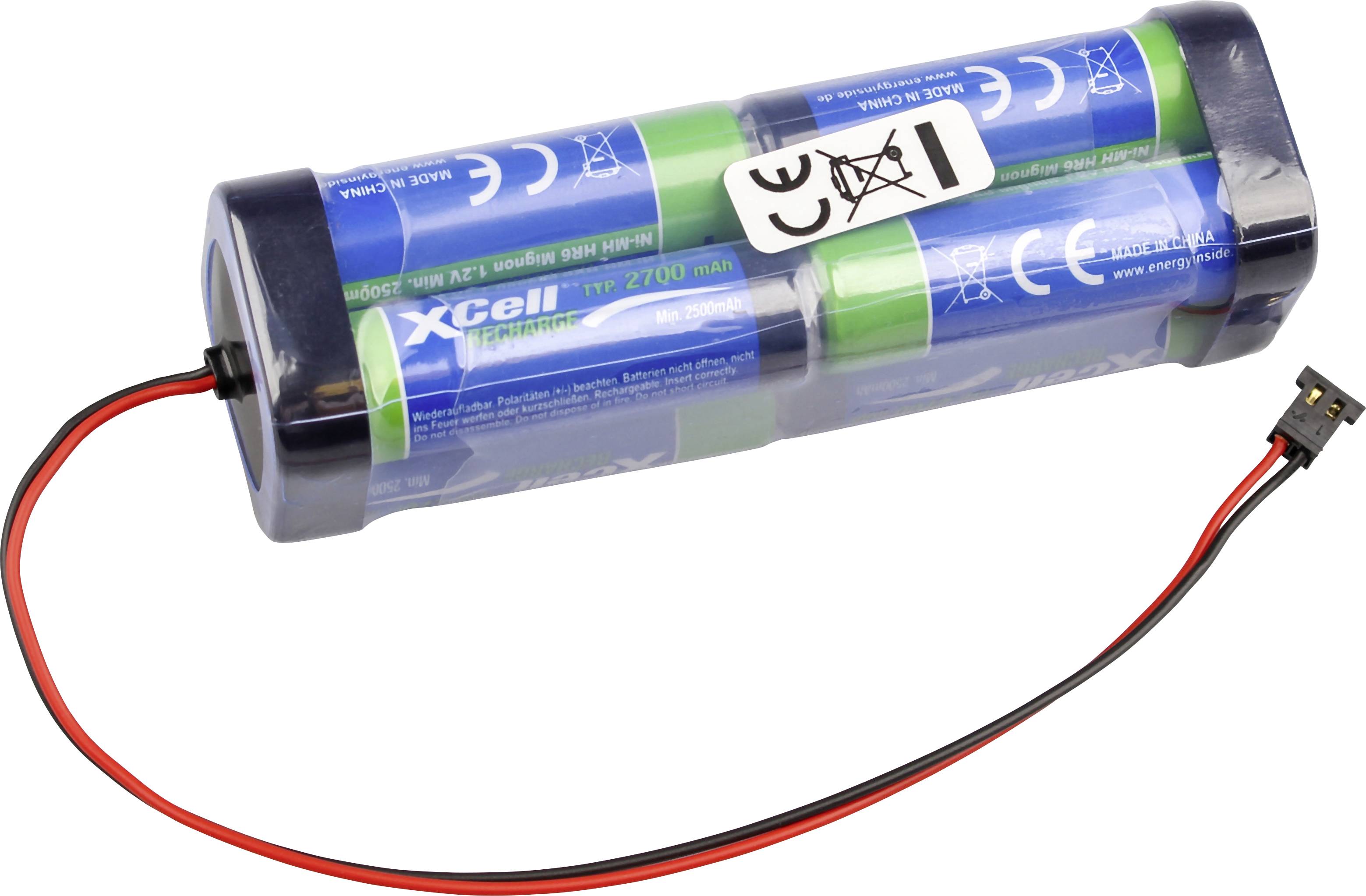 Wiederaufladbarer Batteriepack mit zwei blauen zylindrischen Zellen in durchsichtiger Schrumpffolie, roten und schwarzen Leitungsdrähten und einem kleinen Stecker.