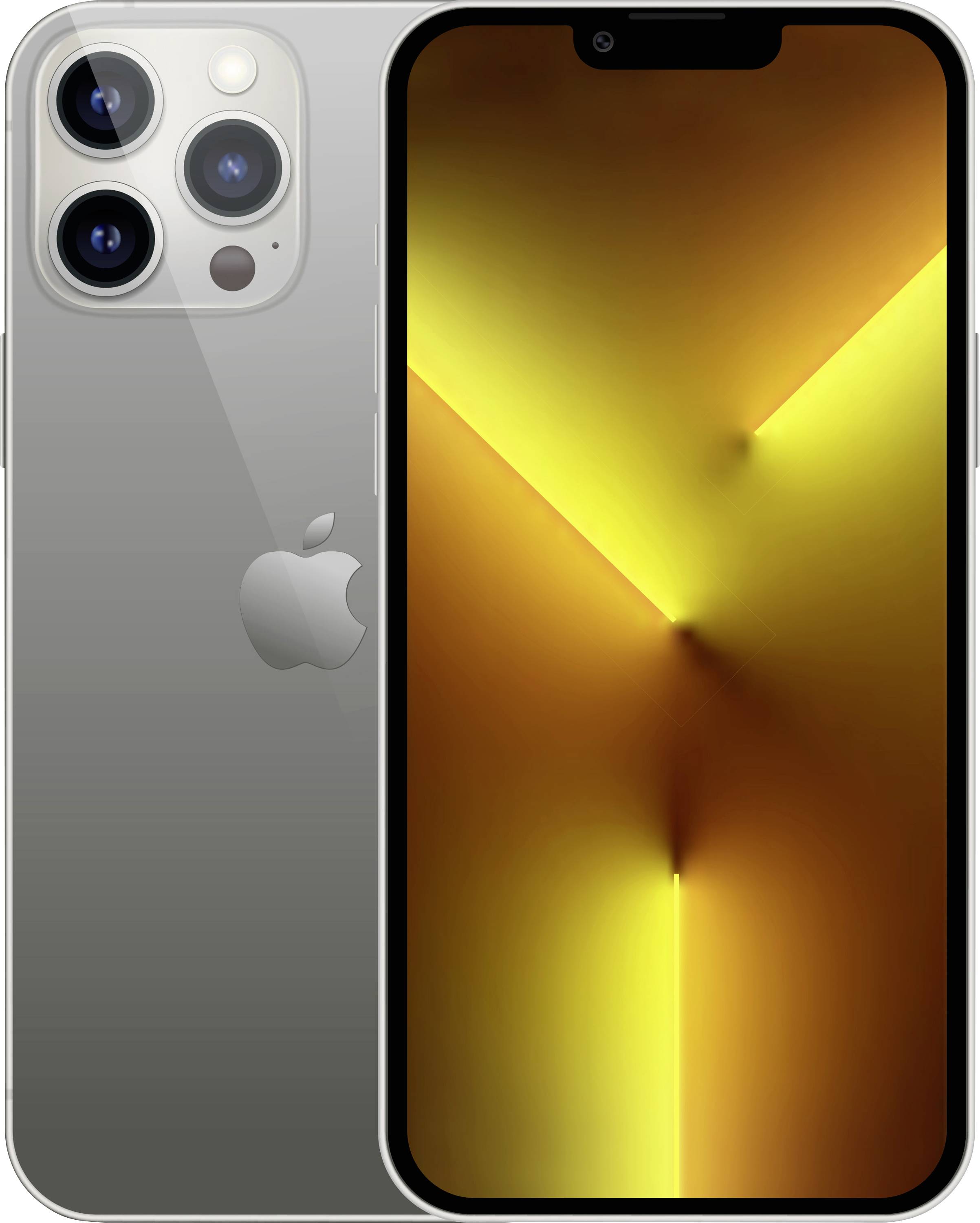 Silbernes iPhone, von vorne und hinten gezeigt, mit dreifacher Rückfahrtkamera und goldenem abstraktem Hintergrundbild auf dem Display.