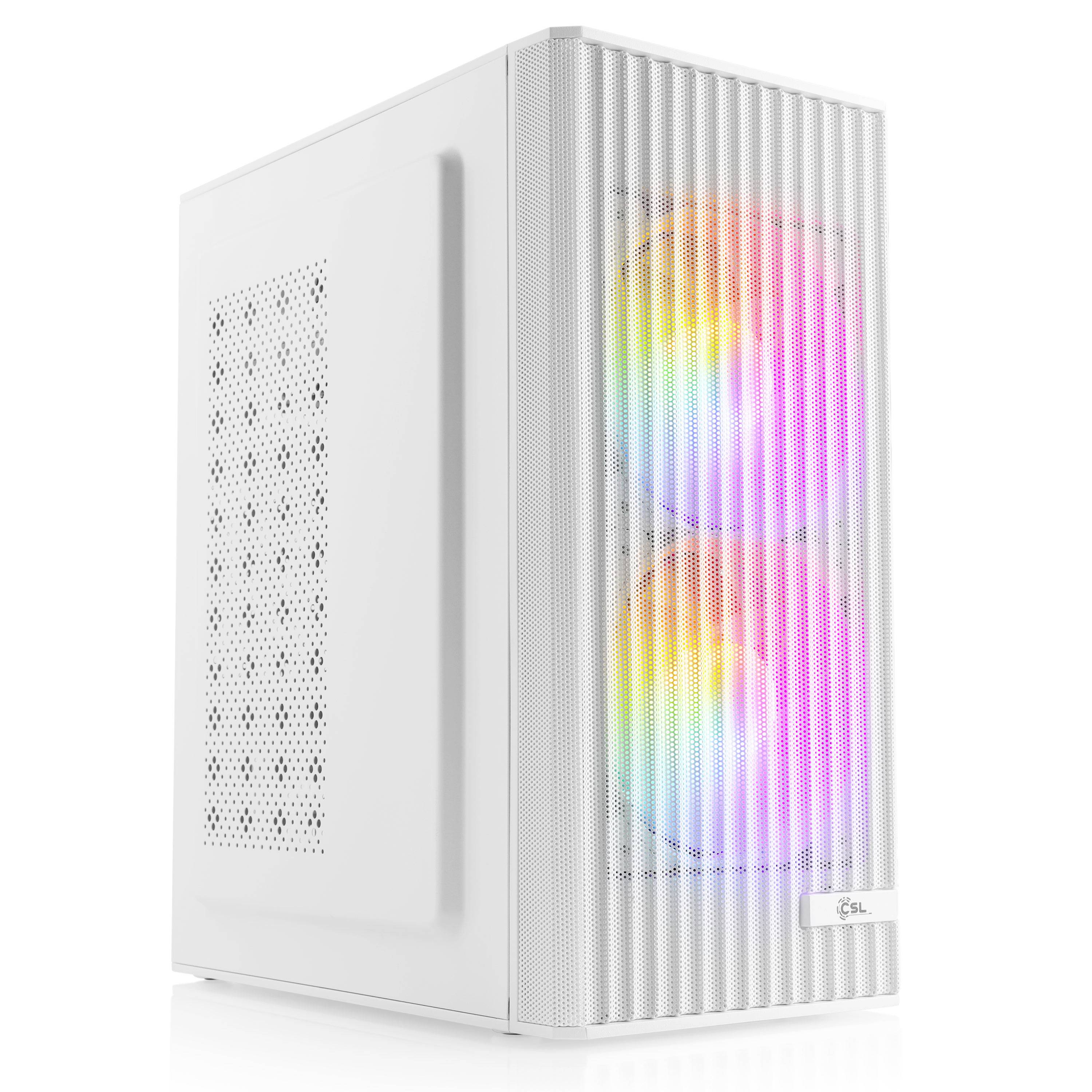 Weißes Desktop-PC-Gehäuse mit Mesh-Frontblende und zwei sichtbaren RGB-Regenbogenlüftern hinter dem Gitter.