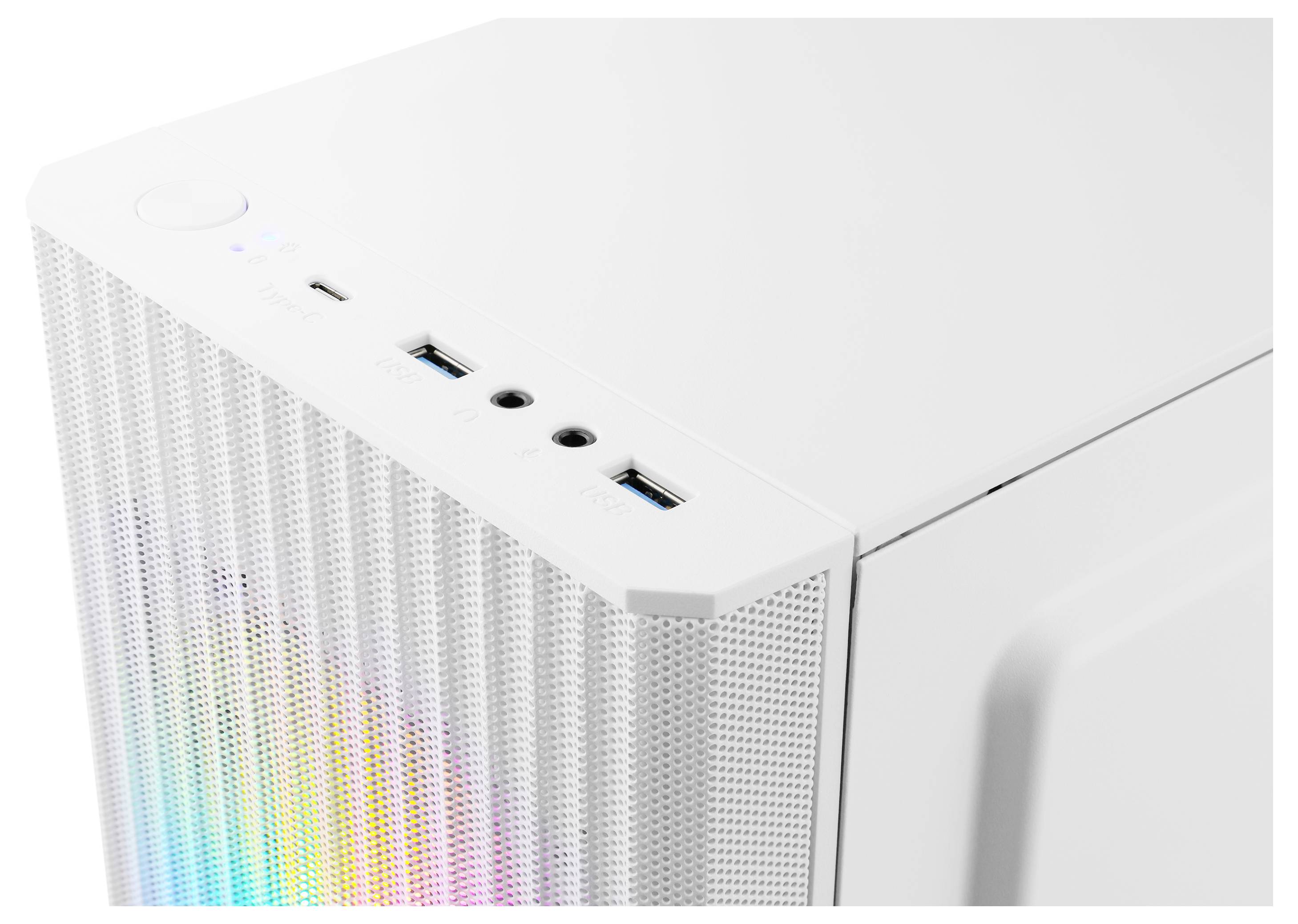 Nahaufnahme einer weißen PC-Gehäuse-Vorderecke mit perforiertem Seitenpanel, Netzschalter und vorderen Ein-/Ausgängen einschließlich USB- und Audiobuchsen.