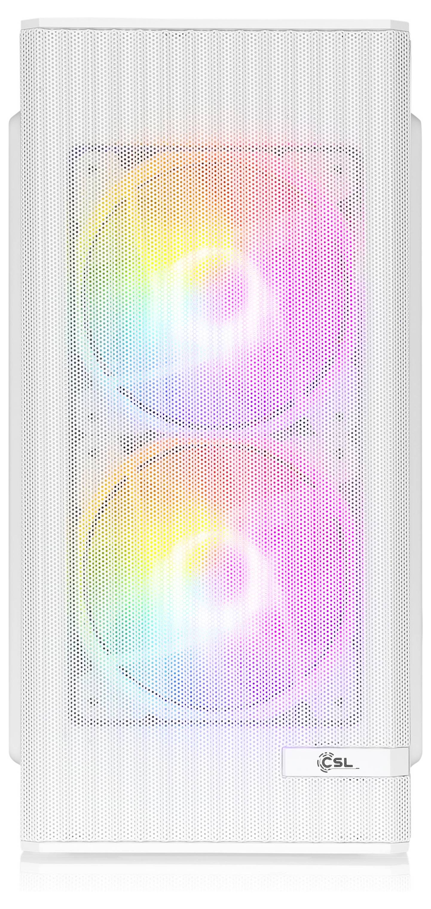 Weißes Desktop-PC-Gehäuse mit perfekt perforiertem Frontpanel und zwei sichtbaren, RGB-beleuchteten Kühlventilatoren dahinter.