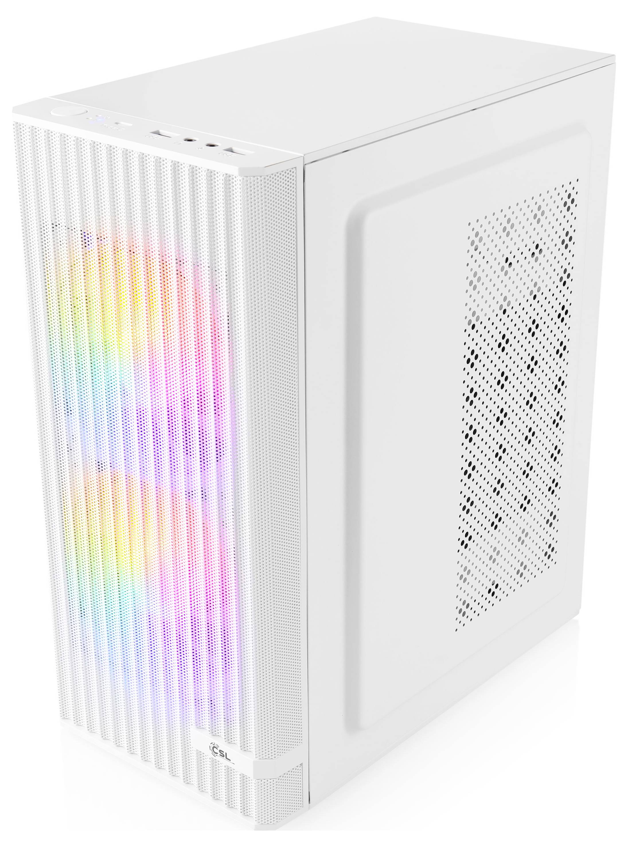 Weißes Desktop-PC-Gehäuse mit frontalem regenbogenfarbigem RGB-Beleuchtung und perforiertem Belüftungspanel an der Seite.
