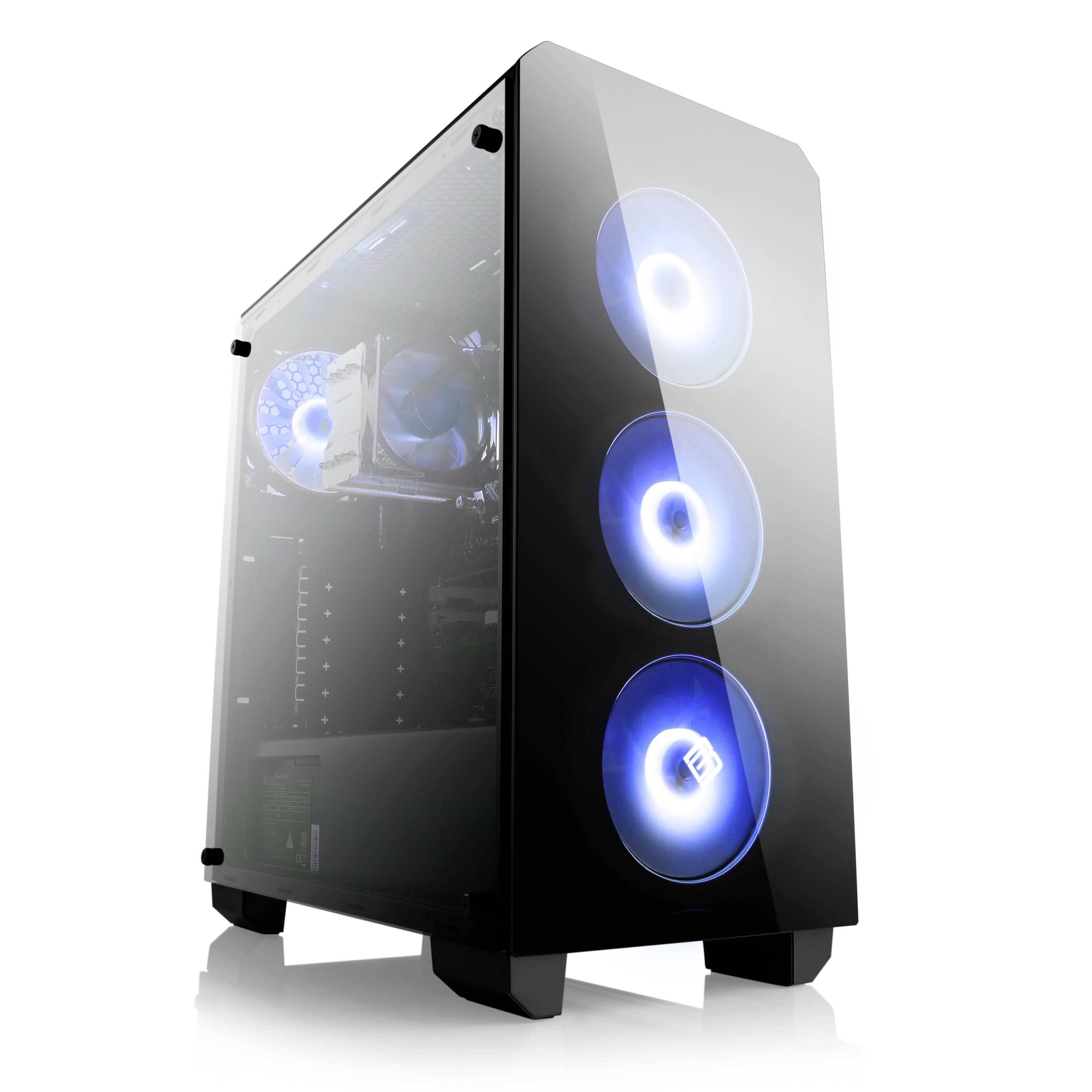 Schwarzer Gaming-PC-Tower für den Schreibtisch mit gehärtetem Glasseitenpanel und drei blau beleuchteten vorderen Kühlventilatoren.