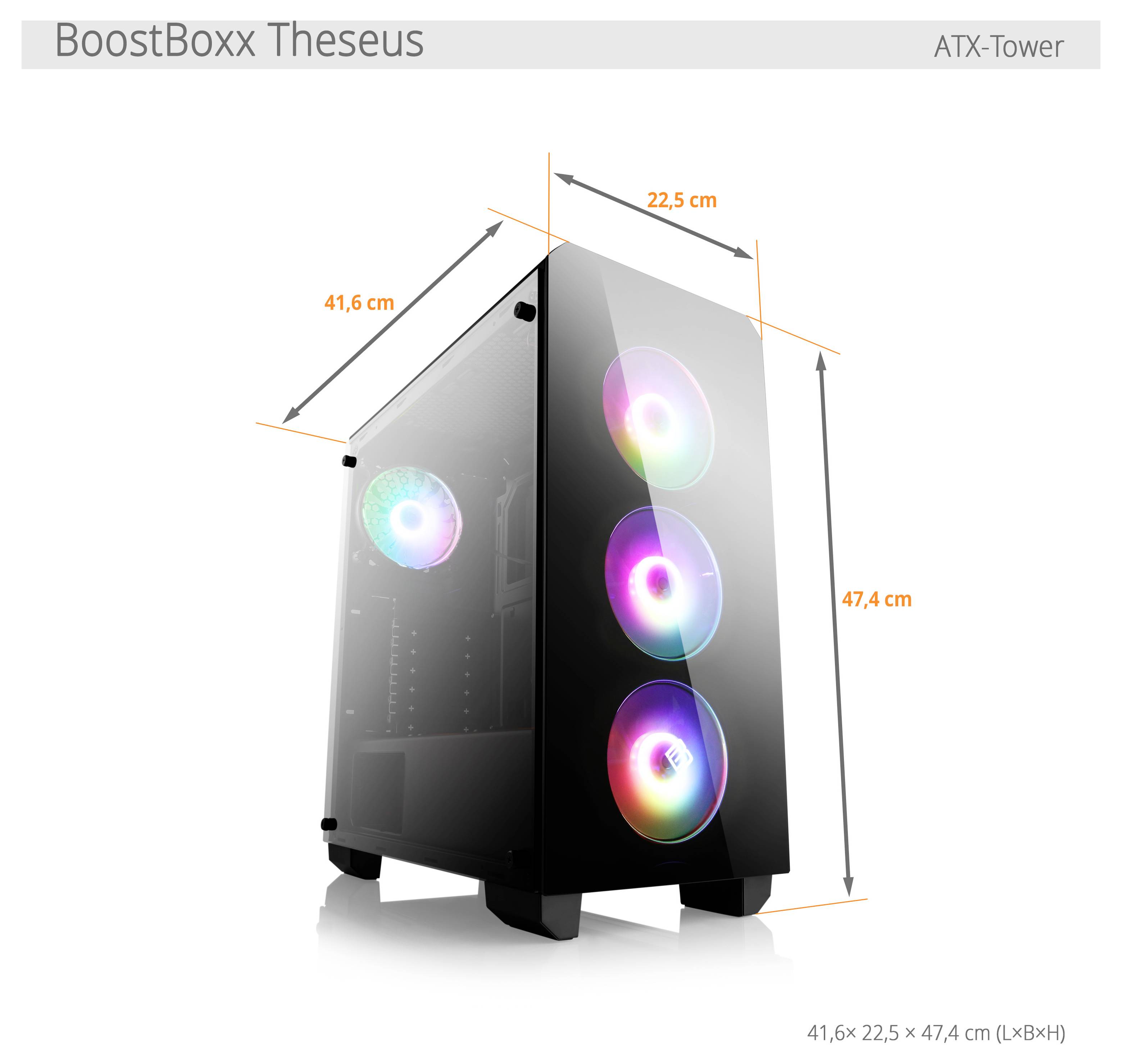 BoostBoxx Theseus ATX Tower-PC-Gehäuse, dargestellt mit drei RGB-Lüftern an der Vorderseite und einem Seitenlüfter; Abmessungen mit 41,6 x 22,5 x 47,4 cm gekennzeichnet.