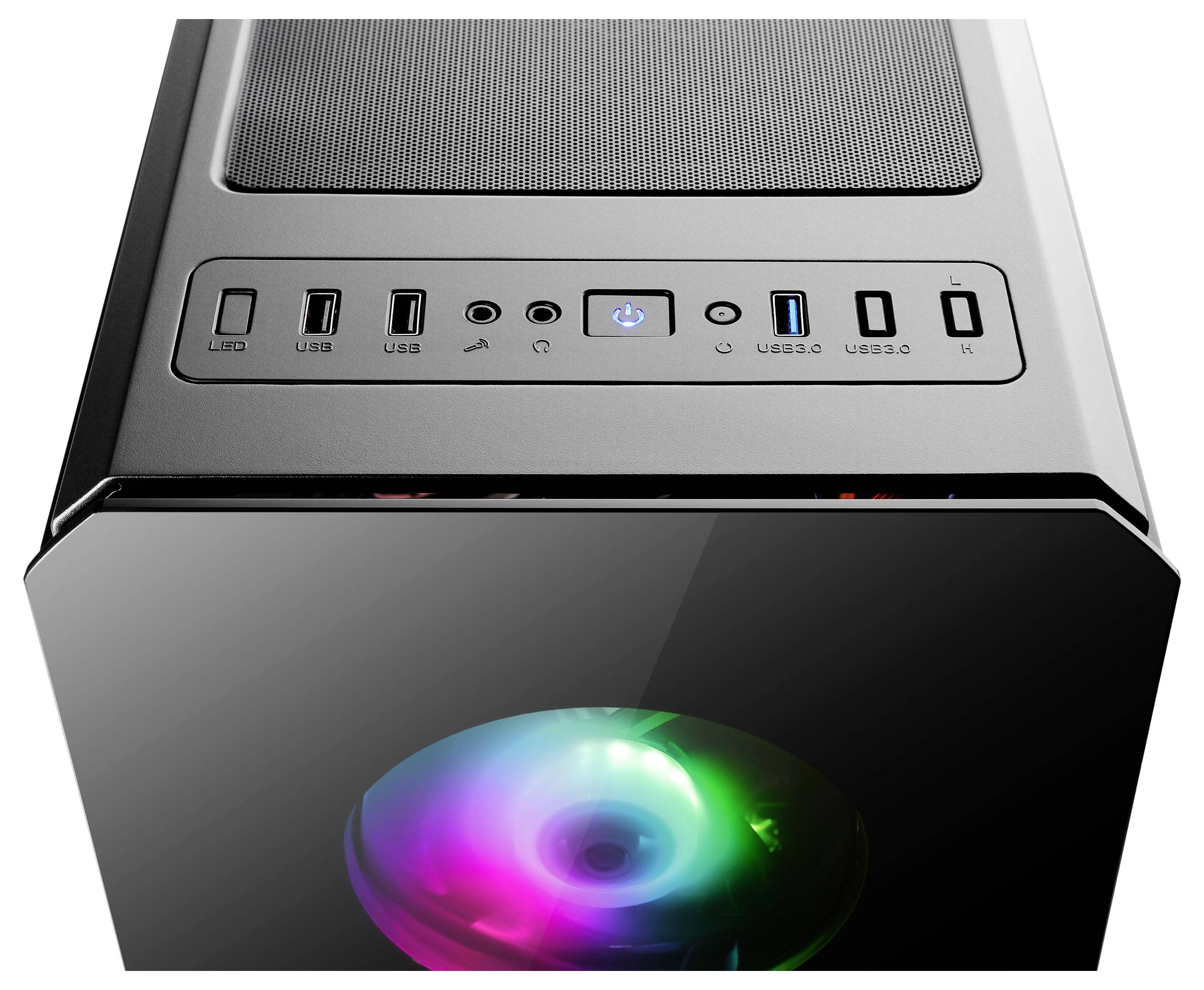 Desktop-PC-Gehäuse mit LED-beleuchteter Frontlüfter und I/O-Anschlüssen oben, einschließlich USB, Audiobuchsen und Stromschalter.
