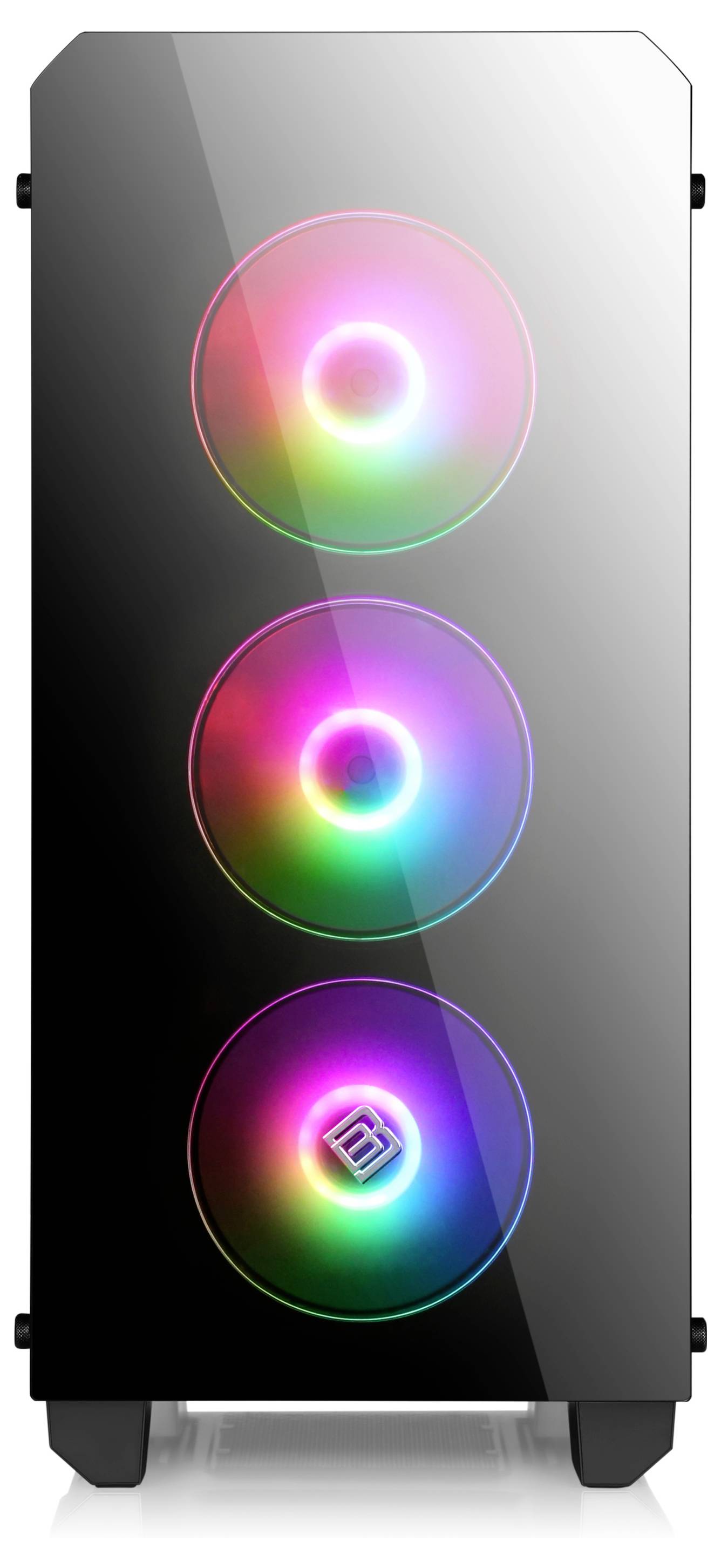Schwarzer Gaming-PC-Tower mit drei RGB-beleuchteten Kühlern an der Vorderseite und einem Seitenpaneel aus Panzerglas.