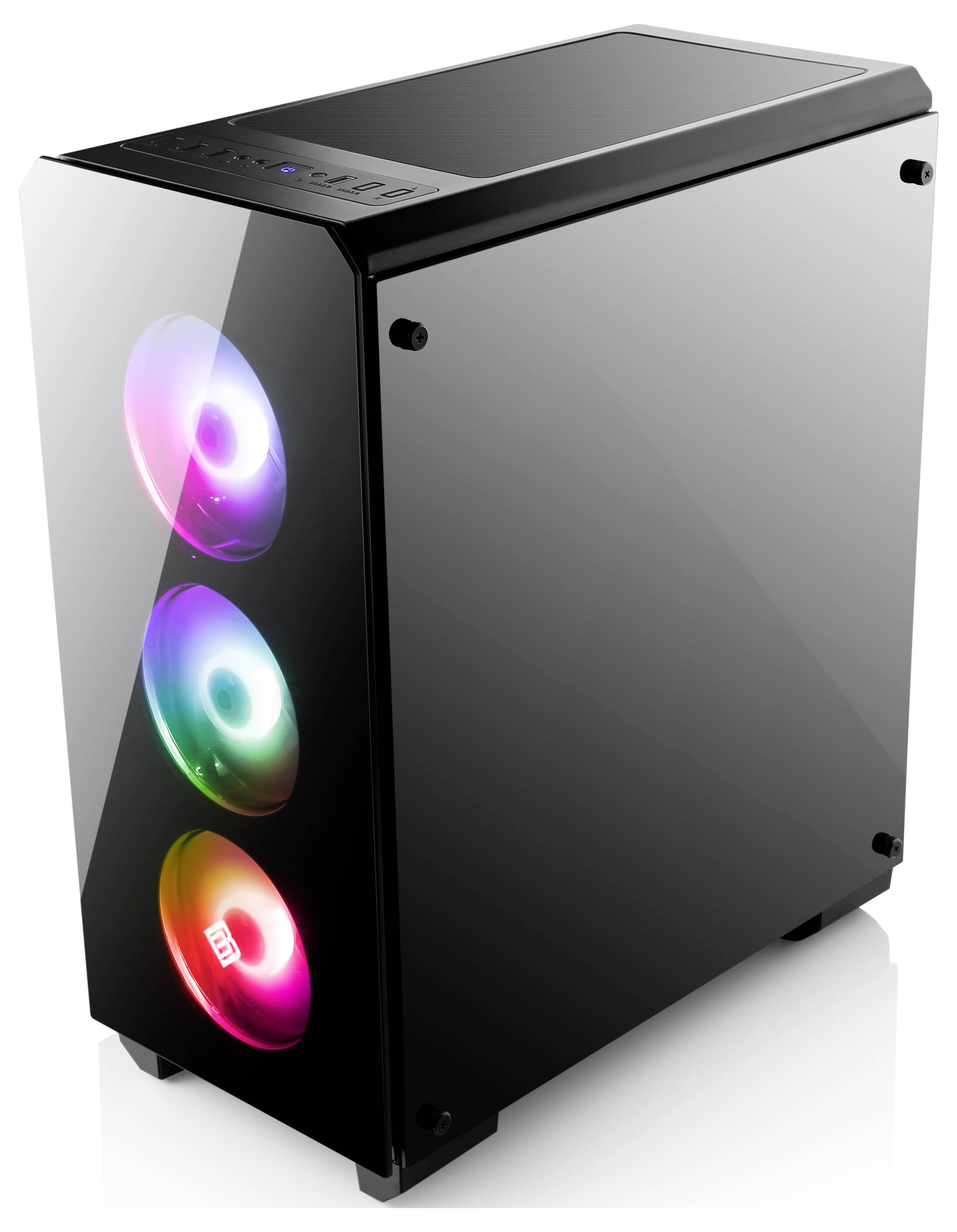 Schwarzes Desktop-Computer-Gehäuse mit Gehärtetem Glasseitenpanel und drei RGB-beleuchteten Frontlüftern