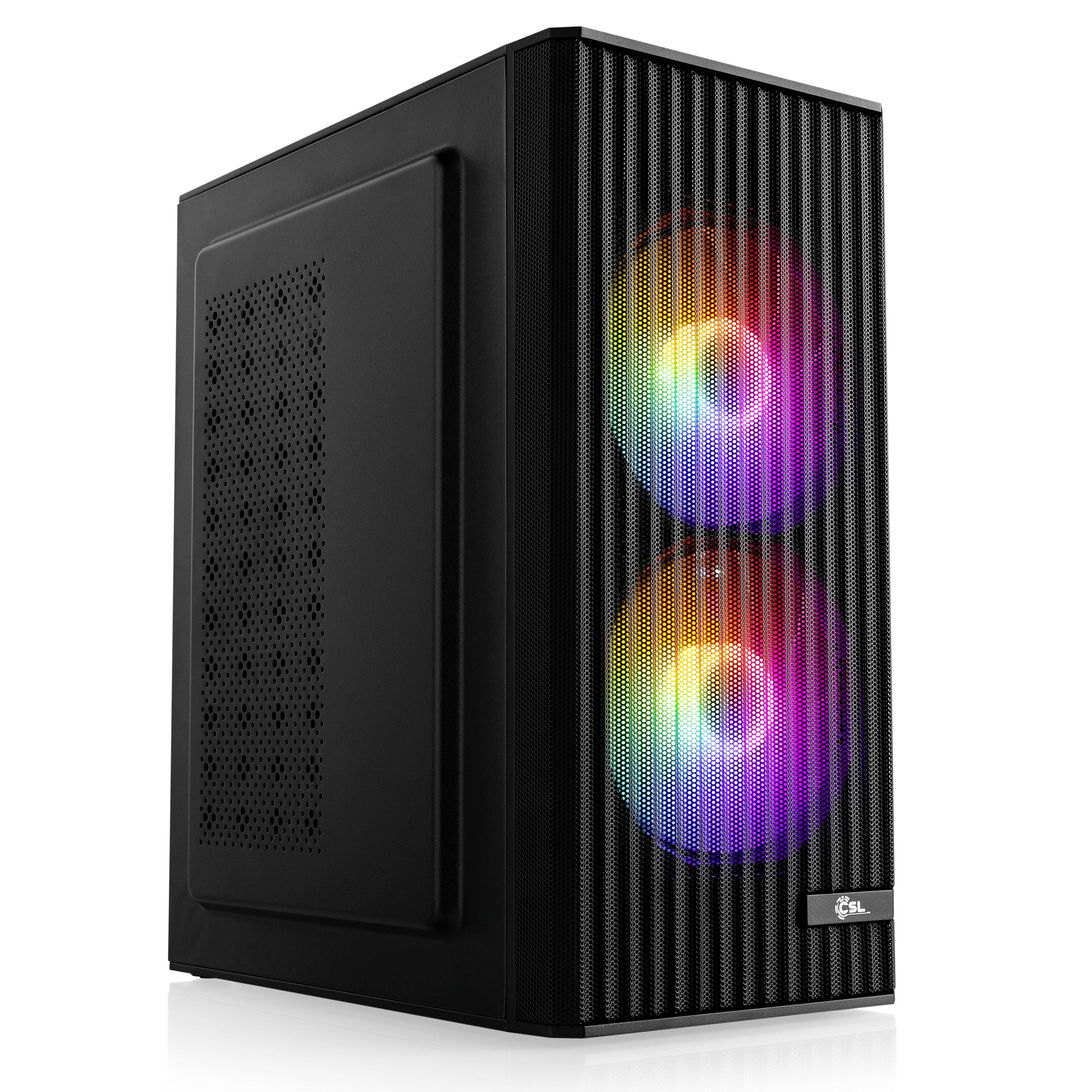 Schwarzer Desktop-PC-Tower mit zwei RGB-beleuchteten Frontkühlventilatoren und einem perforierten Seitenpanel.