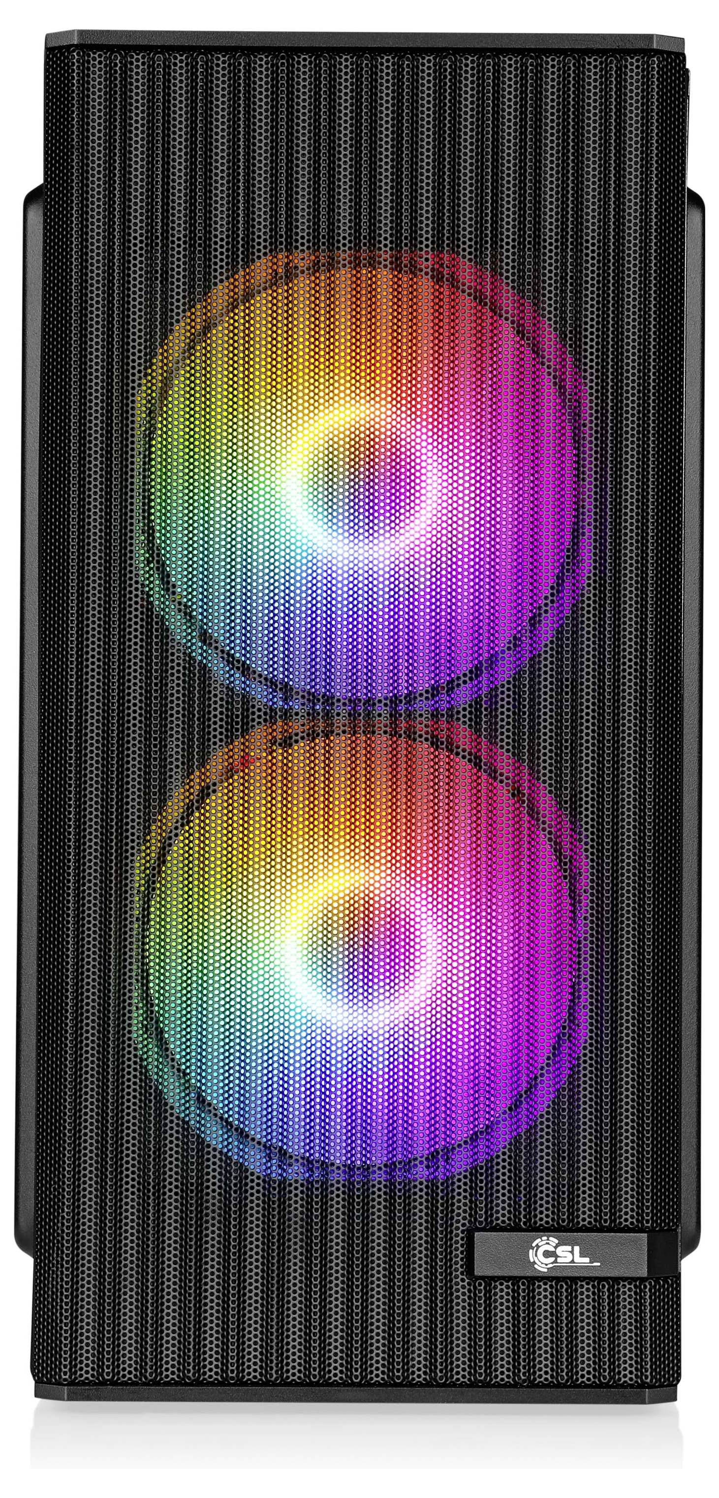 Schwarzer CSL-Turmlautsprecher mit zwei großen RGB-beleuchteten kreisförmigen Treibern hinter einem vorderen Gitter.