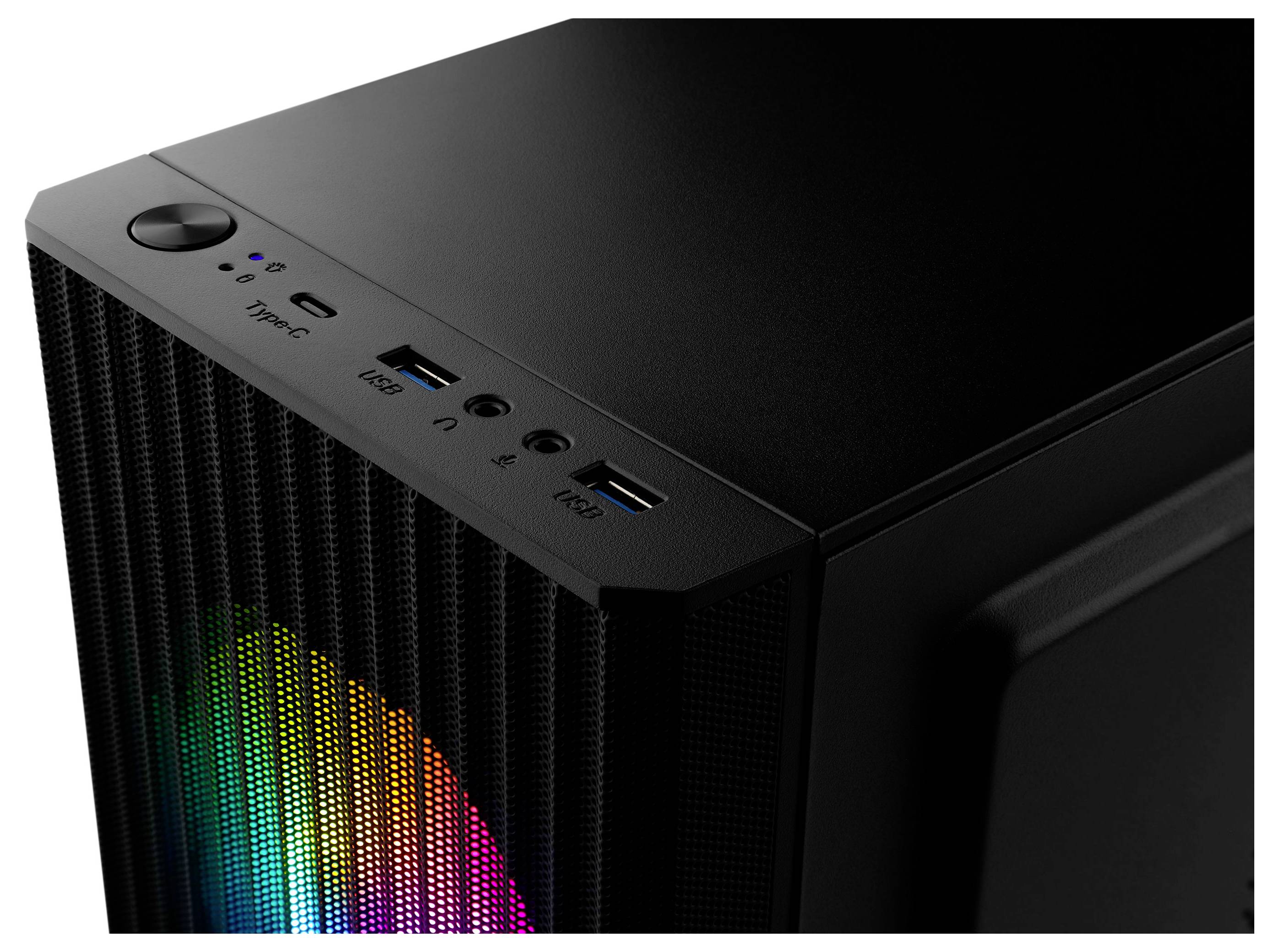 Schwarzes Desktop-Computergehäuse mit vorderem Netzschalter, USB-Anschlüssen, Audiobuchsen und farblich beleuchtetem RGB-Mesh-Lüftergitter