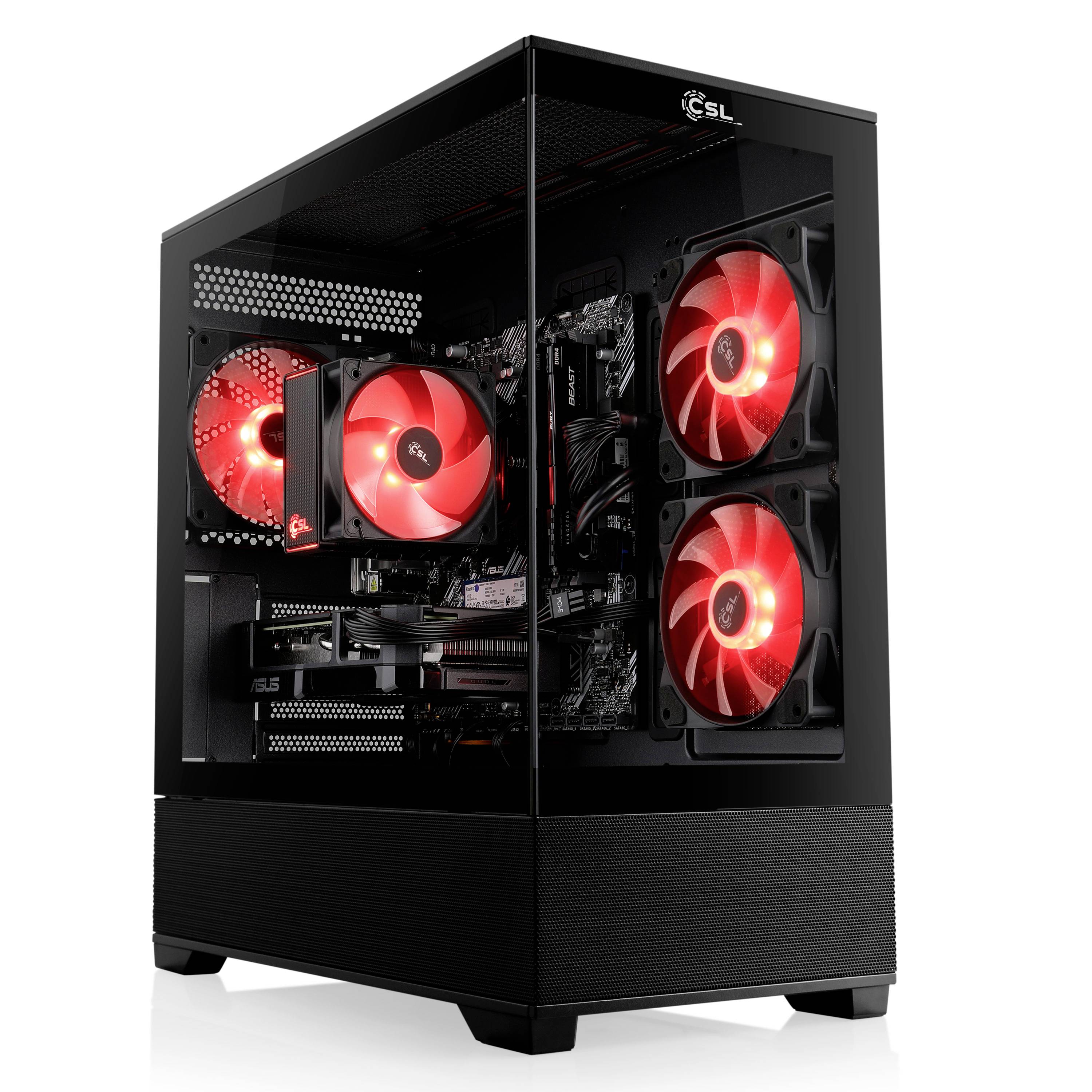 Schwarzer Desktop-PC-Turm mit transparentem Seitenpanel und vier rot beleuchteten Kühlventilatoren, shown auf weißem Hintergrund.