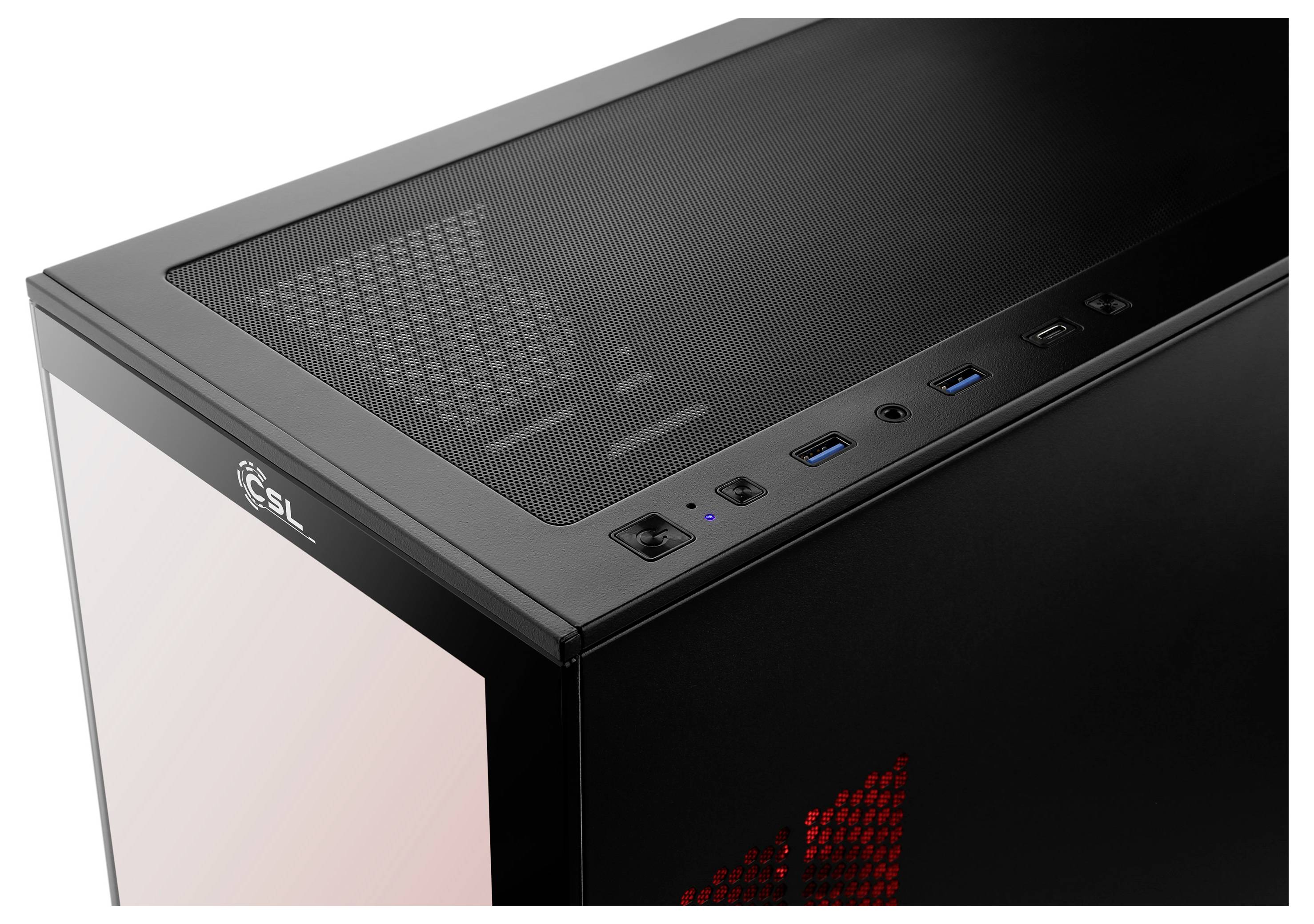 Schwarzes Desktop-PC-Gehäuse mit Mesh-Oberfläche und vorderen I/O-Anschlüssen, in schrägem Nahaufnahme dargestellt.