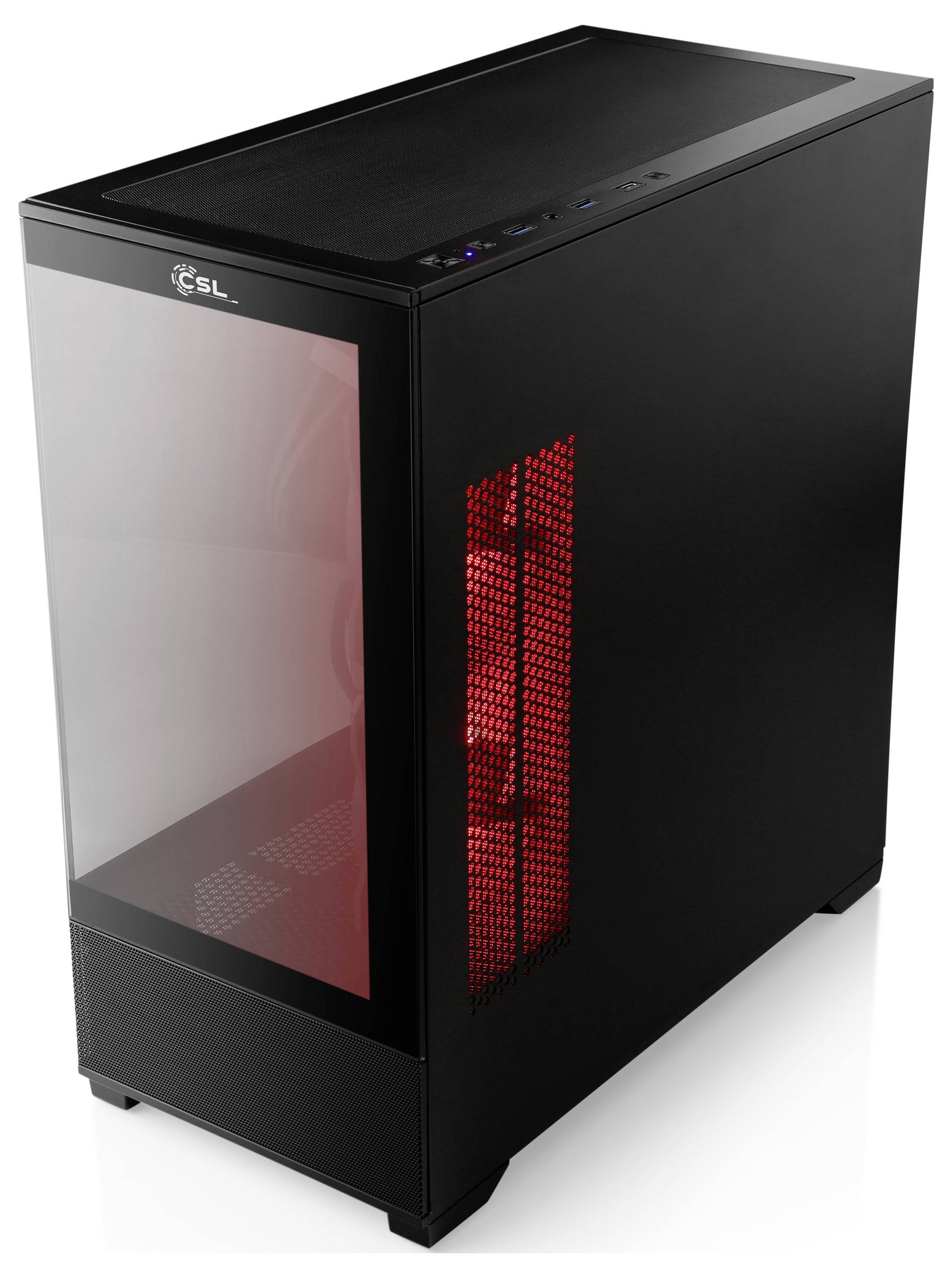 Schwarzer CSL-Desktop-Computerturm mit rot beleuchteter Frontblende und perforierter Belüftungsseitenpaneel, gezeigt auf weißem Hintergrund.