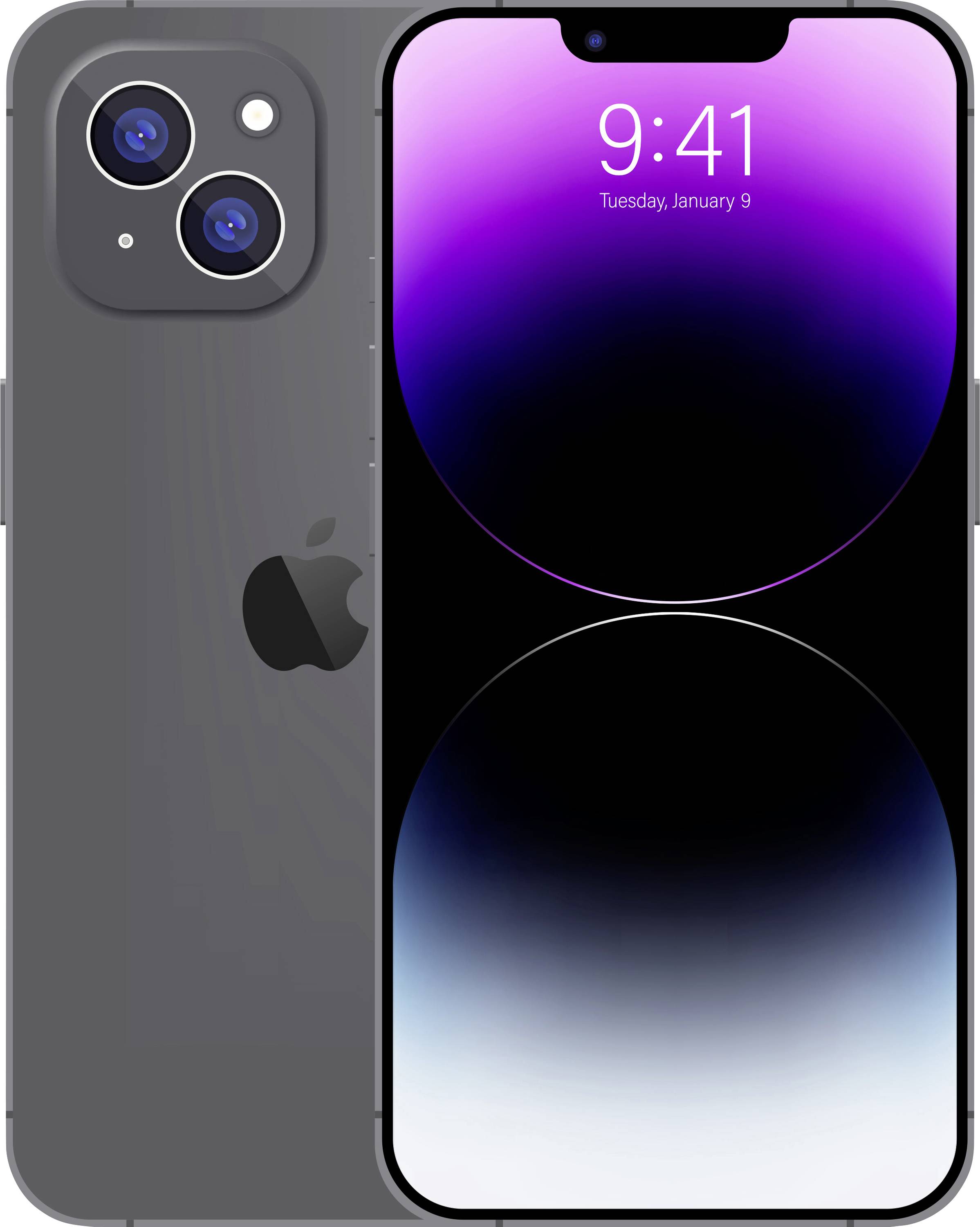 Vorder- und Rückansicht eines dunkelgrauen iPhones mit Dual-Kameras und Notch-Display, das 9:41 Uhr und Dienstag, 9. Januar anzeigt.
