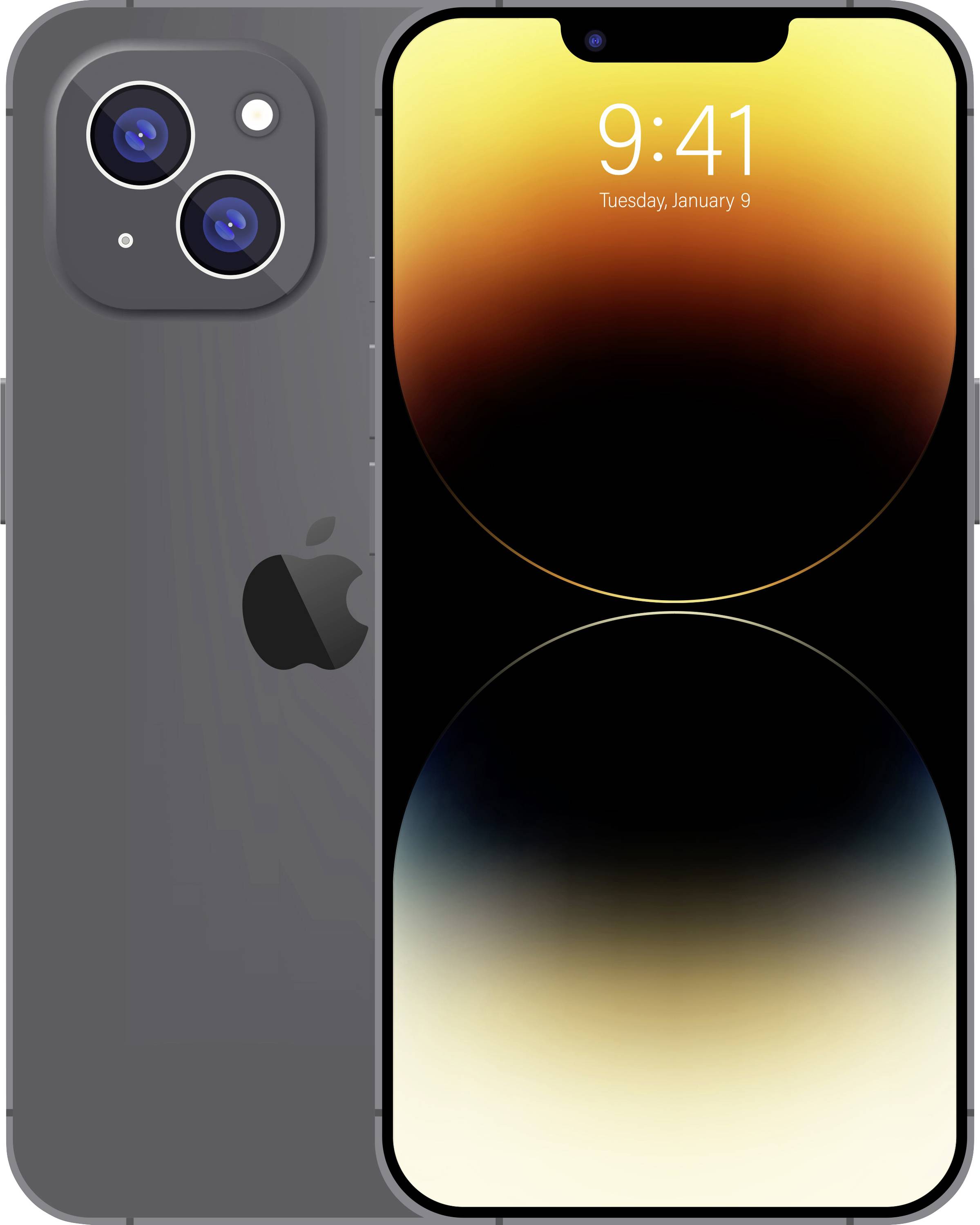 Vorder- und Rückansicht eines dunkelgrauen iPhones mit dualen Rückkameras, dargestellt mit einem Notch-Display, das 9:41 Uhr und Dienstag, 9. Januar anzeigt.