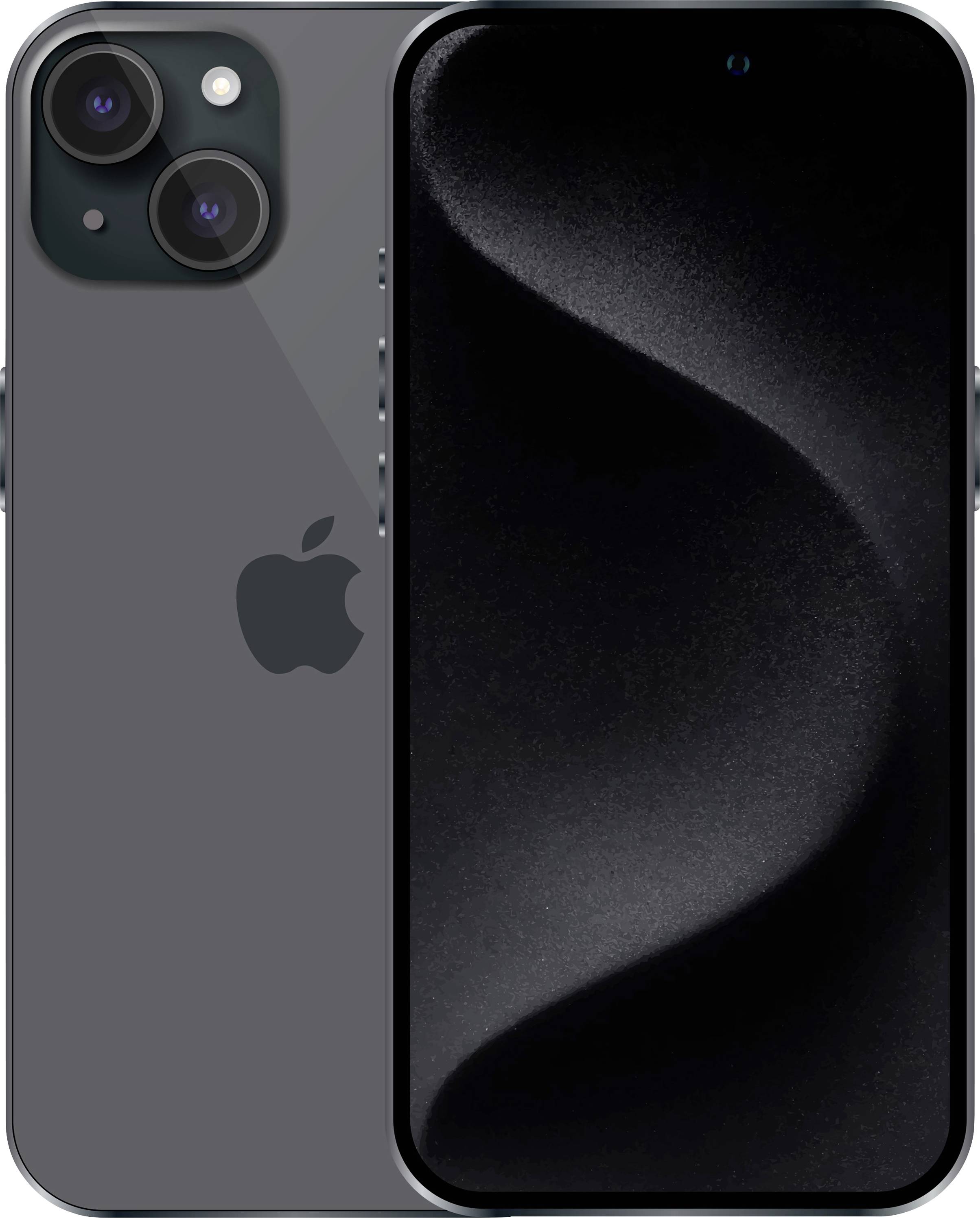 Vorder- und Rückansicht eines schwarzen iPhones, das die dreifache Rückkamera und das vordere Display mit einem dunklen abstrakten Hintergrundbild zeigt.