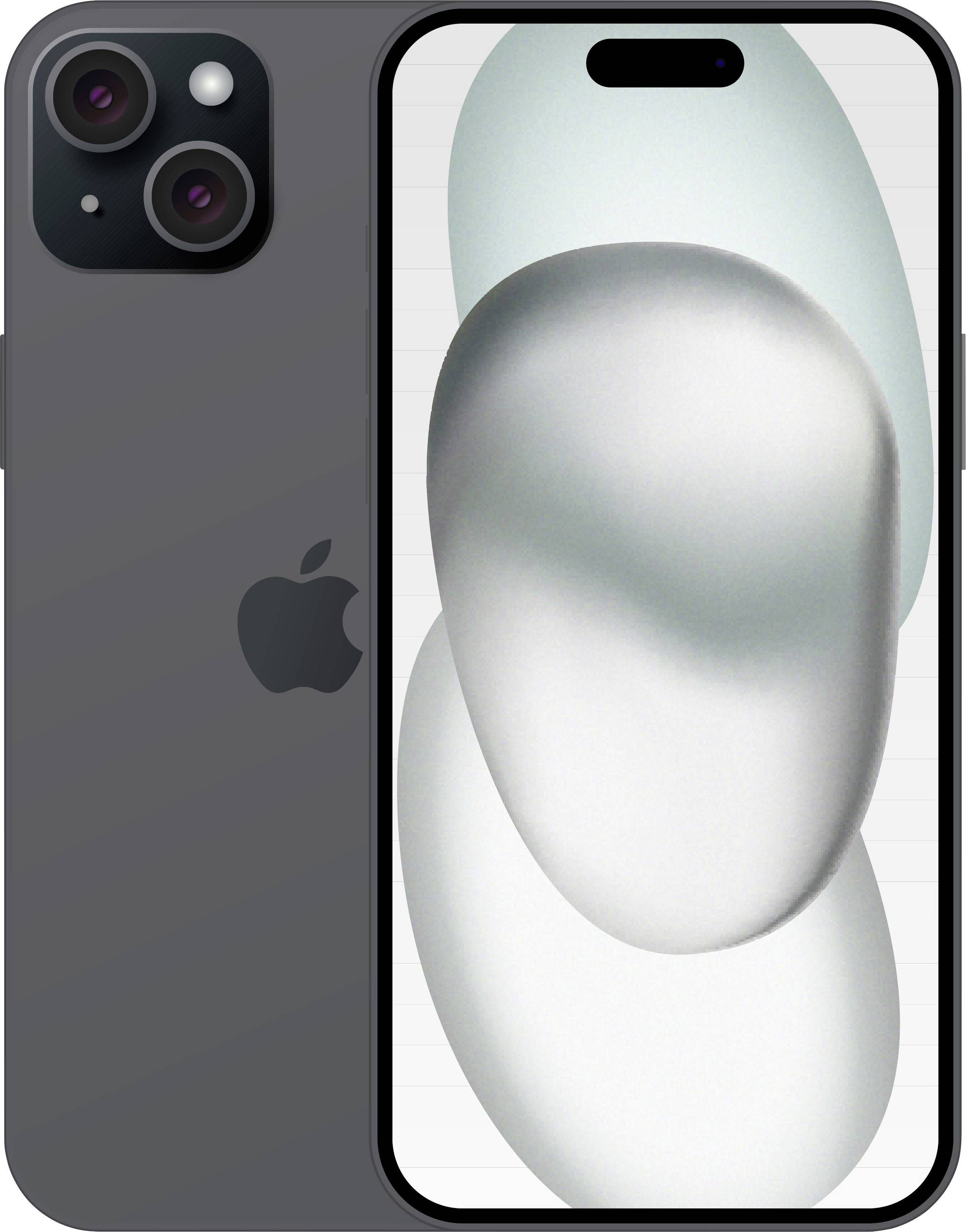 Grau gezeigtes iPhone von vorne und hinten, mit dreifacher Rückkamera und einem weißen abstrakten Hintergrundbild auf dem Display.