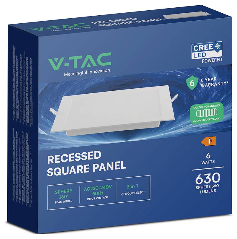Verpackung für ein eingebautes quadratisches LED-Paneel von V-TAC mit einer weißen Leuchte und Etiketten für 6 Watt, 630 Lumen, CREE-LED-betrieben und 6 Jahren Garantie.