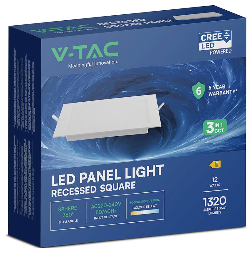 Verpackung für ein V-TAC Einbau-Quadrat-LED-Panelleuchte, das ein weißes Panel und wichtigste Spezifikationen zeigt: Cree LED, 12 Watt, 1320 Lumen, 6-Jahres-Garantie, 3-in-1 Farbtemperatur.