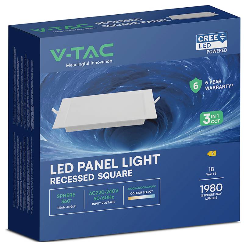 Produktbox für V-TAC LED-Panelleuchte, quadratisch eingelassen, mit CREE-LED, 18 Watt, 1980 Lumen, 6 Jahre Garantie, Farbwahl.