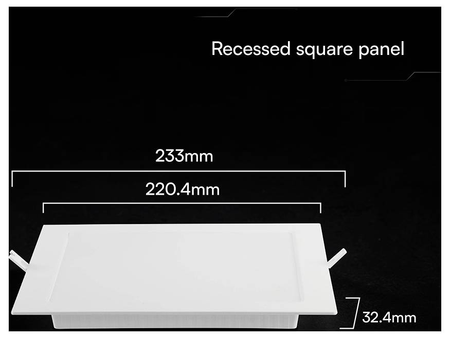 Produktdiagramm eines eingelassenen quadratischen Panels mit Abmessungen: 233 mm Gesamtbreite, 220,4 mm Panelbreite und 32,4 mm Tiefe.
