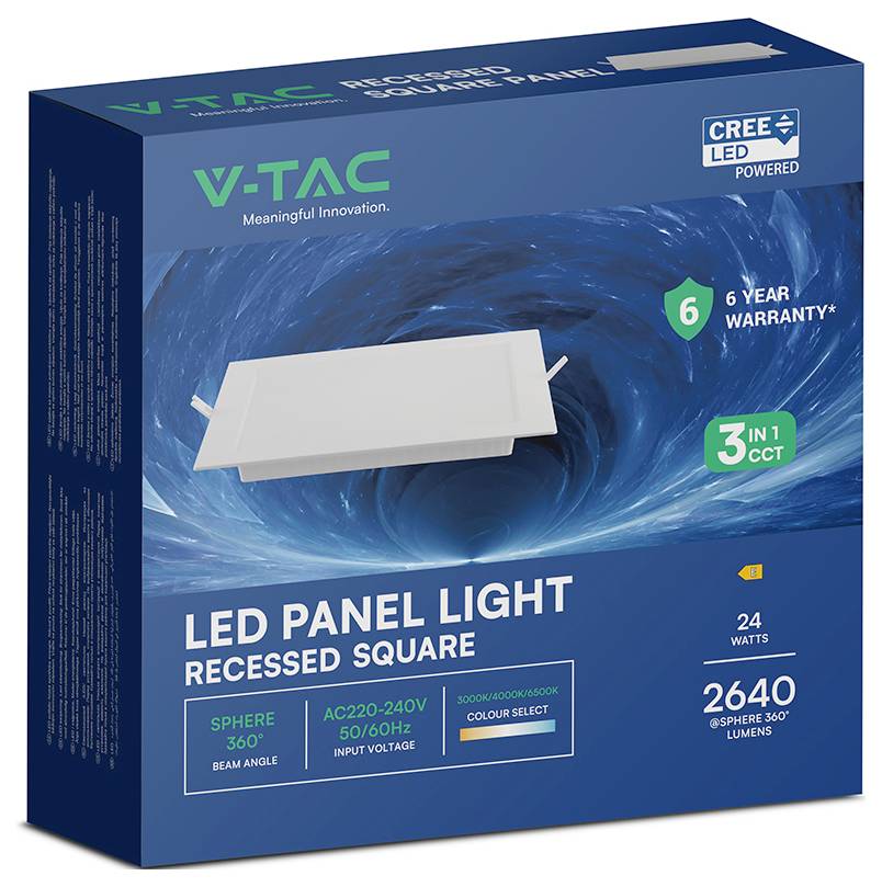 Schachtel einer V-TAC Einbau-Quadrat-LED-Panelleuchte, die ein weißes Panel zeigt, 24 Watt, 2640 Lumen, 6-Jahres-Garantie und 3-in-1 CCT.