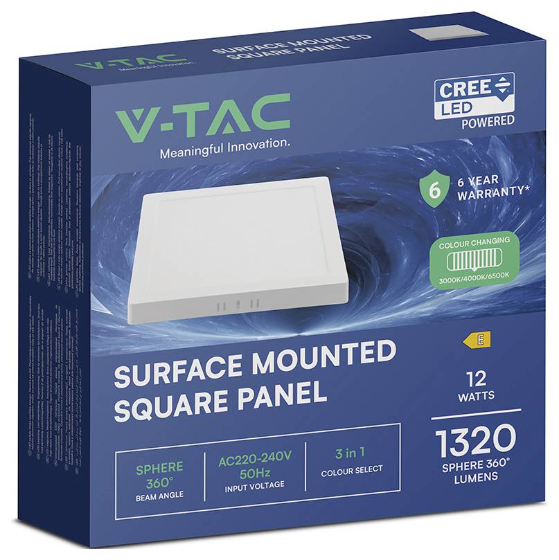V-TAC CREE LED Oberflächenmontage-Quadrat-Panelleuchte, 12W, 1320 Lumen 360°, 6 Jahre Garantie, Farbtemperaturen 3000K/4000K/6500K.