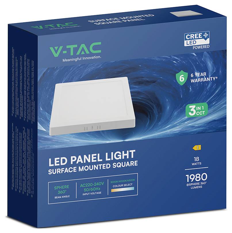 V-TAC LED-Panelleuchte Produktbox mit einer quadratischen Aufputzleuchte, CREE LED angetrieben, 6 Jahre Garantie, 3-in-1 CCT, 18 Watt, 1980 Lumen.