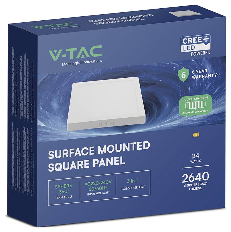 Schachtel für oberflächenmontierten quadratischen LED-Panelleuchte von V-TAC mit Produktabbildung und Text: 