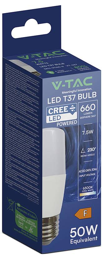Packung einer V-TAC LED T37 Glühbirne mit einer 7,5W LED-Glühbirne mit den Angaben „50W Äquivalent