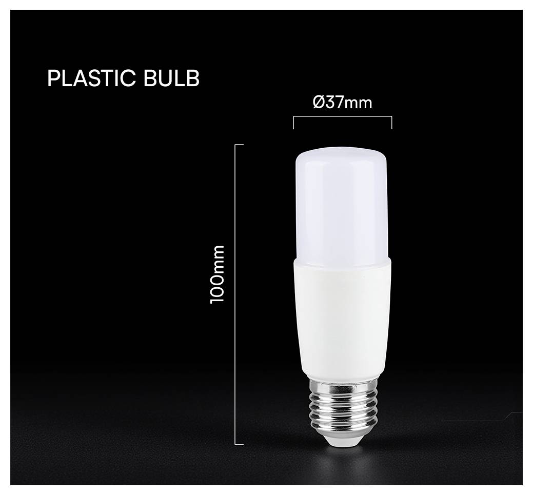 Produktbild einer weißen Kunststofflampe mit der Bezeichnung „PLASTIC BULB