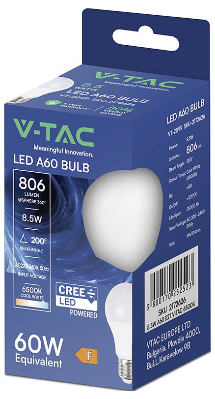 V-TAC LED A60 Glühbirne Verpackung, die eine 8,5W Birne mit 806 Lumen, 6500K Kaltweiß und 60W Äquivalentleistung zeigt.