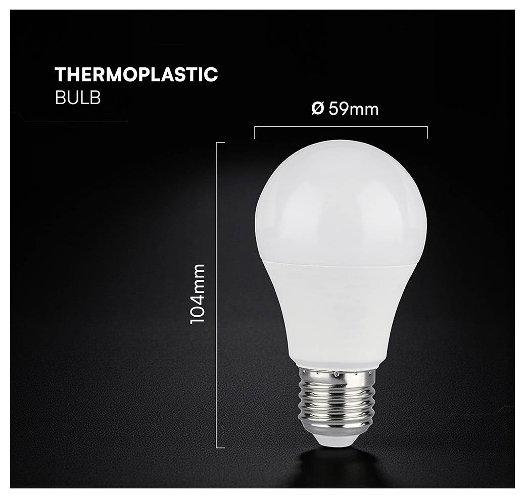 Illustration einer thermoplastischen Glühbirne mit gekennzeichneten Abmessungen: 104 mm hoch und 59 mm breit.