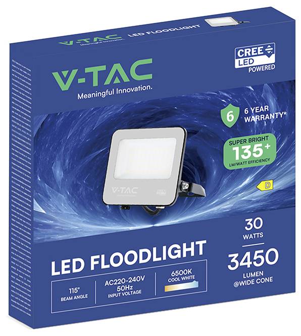 V-TAC LED-Flutlichtstrahler-Karton mit einer 30-W-, 3450-Lumen-Kaltweiß-Lampe mit 115°-Abstrahlwinkel, 6 Jahren Garantie und CREE-LED-Antriebsbranding.