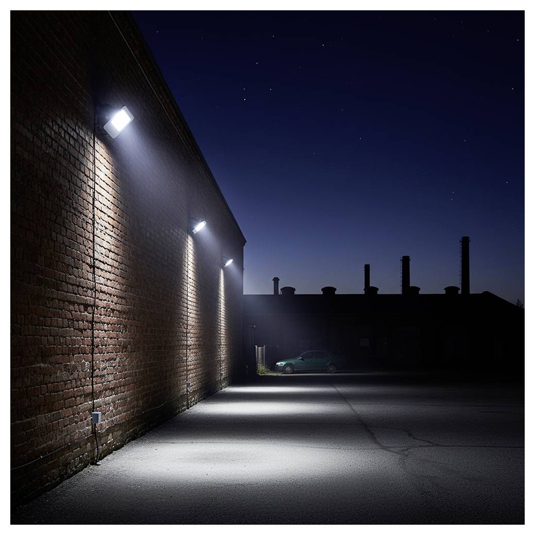 Nächtliche Industriegasse neben einem Backsteingebäude, beleuchtet durch helle wandmontierte Leuchten, die Lichtpools über einen leeren Platz werfen, mit einem Auto in der Ferne.